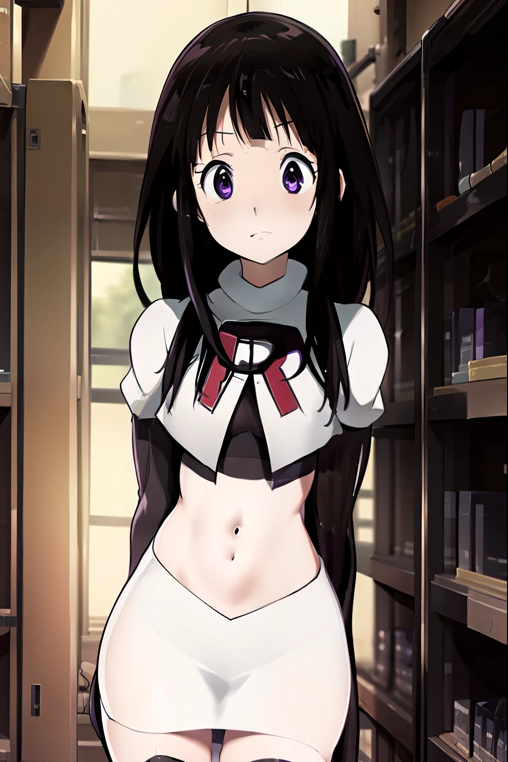 ((masterpiece,best quality,ultra detailed)),purple eyes,black hair,((cute,anime)),curious,detail eyes,team rocket,team rocket uniform,white skirt,red letter R,crop top,black thigh-highs,black elbow gloves,
