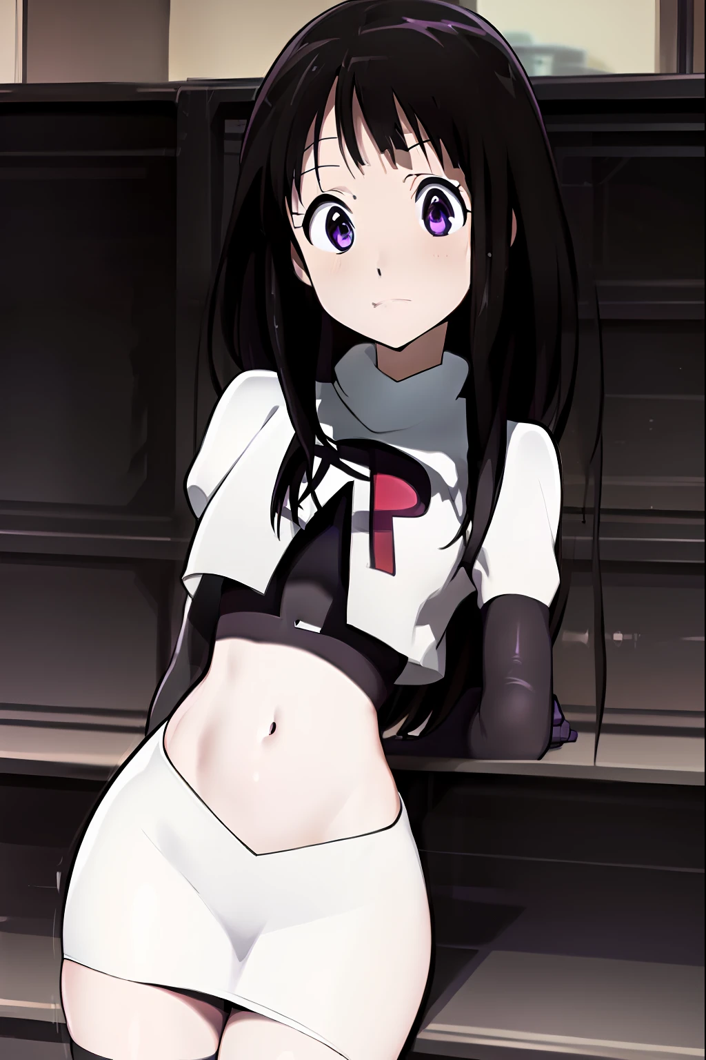((masterpiece,best quality,ultra detailed)),purple eyes,black hair,((cute,anime)),curious,detail eyes,team rocket,team rocket uniform,white skirt,red letter R,crop top,black thigh-highs,black elbow gloves,
