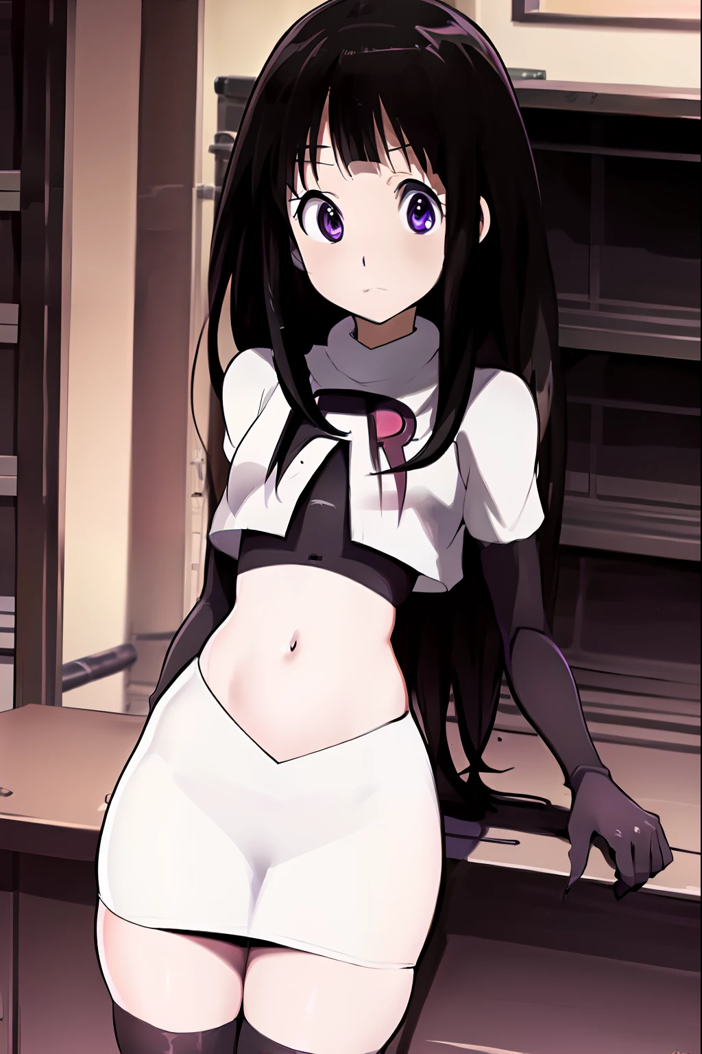 ((masterpiece,best quality,ultra detailed)),purple eyes,black hair,((cute,anime)),curious,detail eyes,team rocket,team rocket uniform,white skirt,red letter R,crop top,black thigh-highs,black elbow gloves,