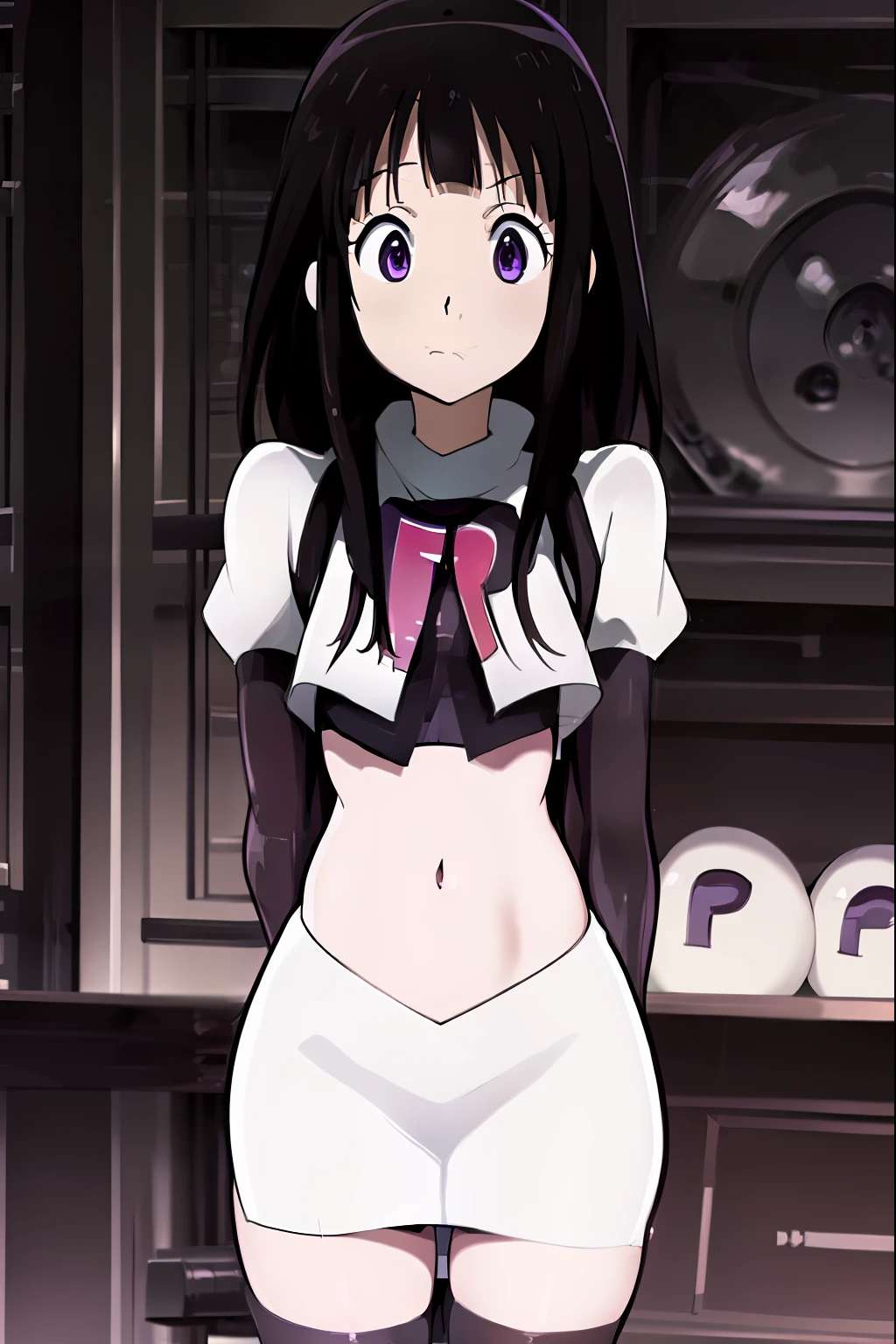 ((masterpiece,best quality,ultra detailed)),purple eyes,black hair,((cute,anime)),curious,detail eyes,team rocket,team rocket uniform,white skirt,red letter R,crop top,black thigh-highs,black elbow gloves,