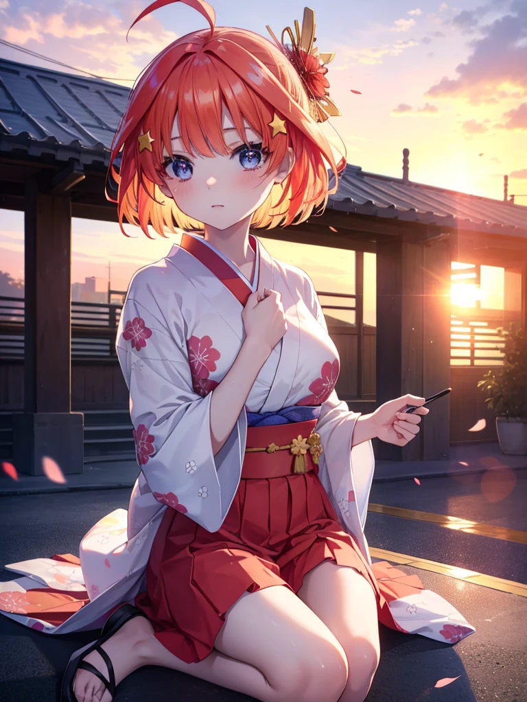 Satsuki Nakano, Itsuki Nakano, Bangs, Blue eyes, hair between eye, Ahoge, Red hair, Star \(symbol\), Hair Ornament, Star Hair Ornament,Her hair is tied back with a flower hairpin.,Red kimono,Furisode,long skirt,Sandals,In the street,The sun begins to rise between the buildings,the morning sun,Sunrise,A short-haired girl in a yukata enjoying cotton candy at a festival ,Best Quality, High resolution, Unity 8k壁纸, (Illustration:0.8), (Beautiful detailed eyes:1.6), extra detailed face, Perfect Lighting, extremely details CG, (Perfect hands, Perfect Anatomy),