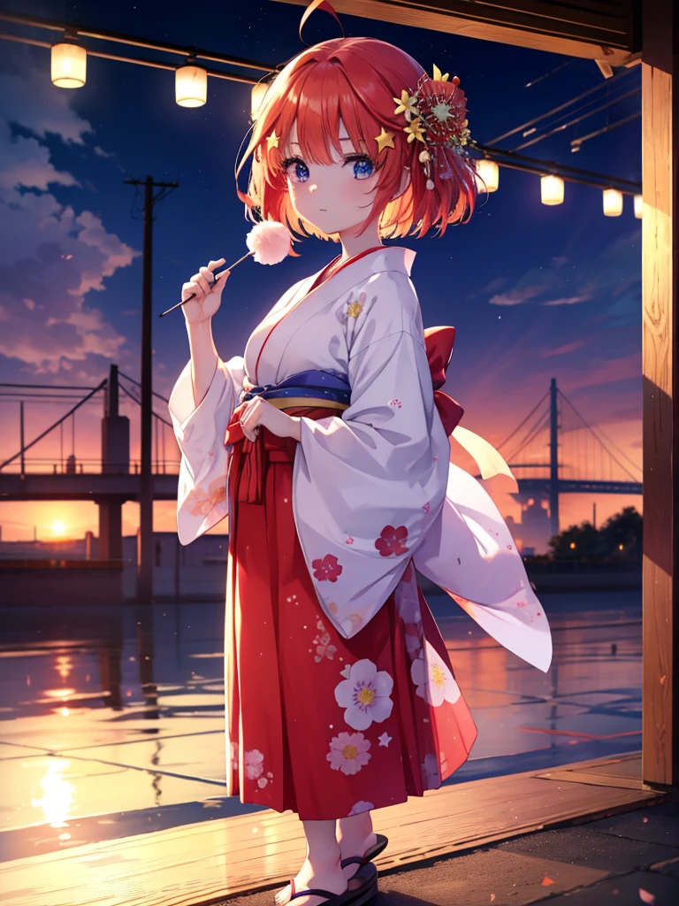 Satsuki Nakano, Itsuki Nakano, Bangs, Blue eyes, hair between eye, Ahoge, Red hair, Star \(symbol\), Hair Ornament, Star Hair Ornament,Her hair is tied back with a flower hairpin.，Red kimono，Furisode，long  skirt，Sandals，In the street，The sun begins to rise between the buildings，the morning sun，Sunrise，A short-haired girl in a yukata enjoying cotton candy at a festival ,Best Quality, High resolution, Unity 8k壁纸, (Illustration:0.8), (Beautiful detailed eyes:1.6), extra detailed face, Perfect Lighting, extremely details CG, (Perfect hands, Perfect Anatomy),