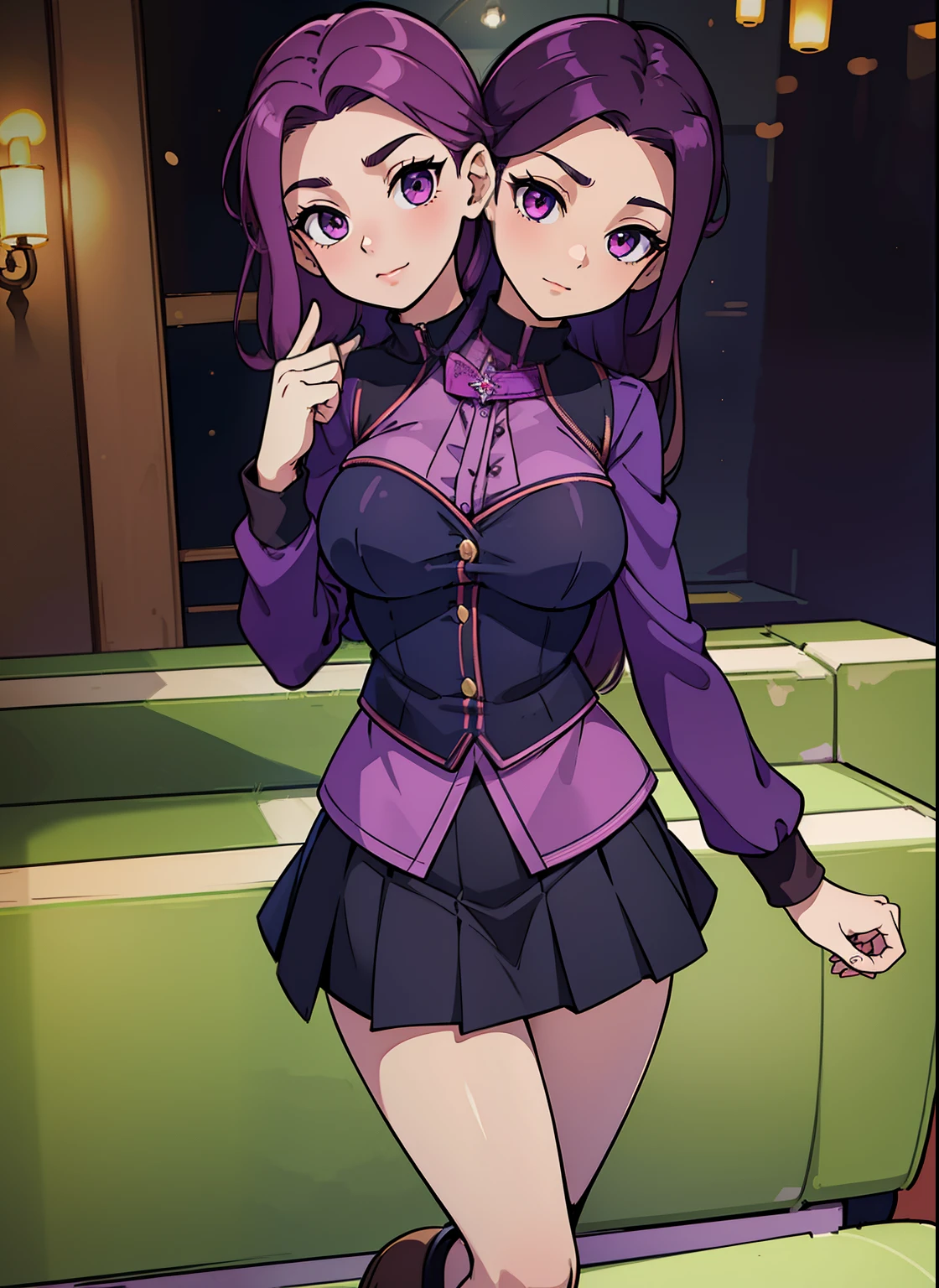 best quality, (masterpiece),(ultra-detailed), (high quality), (high resolution), (2heads:1.5), purple hair, brown hair, magenta blouse with a black jacket and a navy-blue mini skirt with pleats, fingerless black gloves, suede shoes, casual outfit