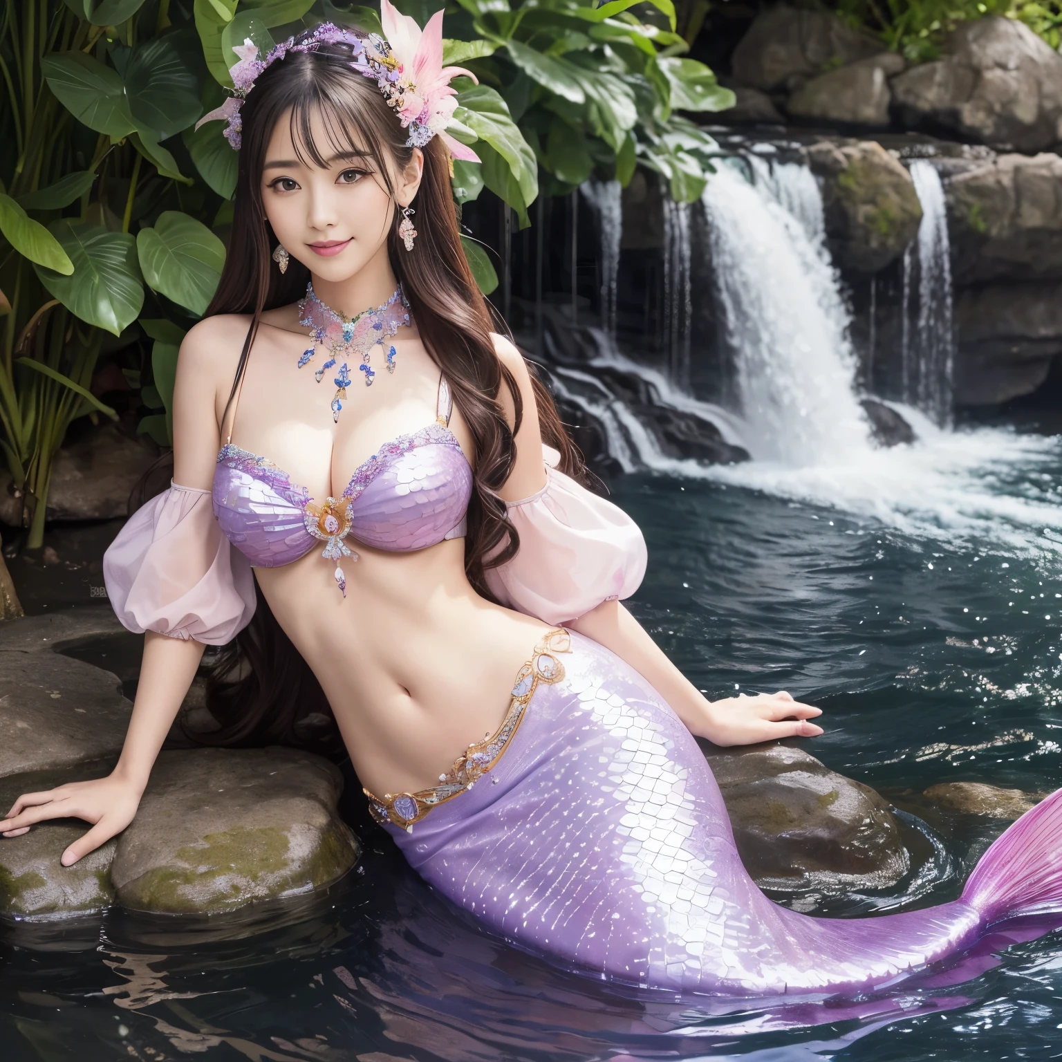 (top-quality、masutepiece、8K、Top image quality、Hyper-Realism、1 photo)、(Mermaid goddess in the most extravagant and majestic costume:1.2)、(The most luxurious and intricately decorated sleeves:1.2)、(perfect and accurate mermaid tail:1.1)、(very huge beautiful waterfall:1.5)、Wide sky、(Bathing in a large waterfall basin:1.1)、(Extremely complex glowing pink and purple scales:1.2)、(Mermaid goddess upper body photo:1.1)、Clear and beautiful sky、beautiful thunder clouds、refreshing sunshine、Crisp and detailed background,、accurate anatomy、Full Body Jewelry Decoration,The most gorgeous goddess furisode、The most gorgeous decoration、large amount of intricate gemstones、beautiful brown hair、Very finely drawn purple and pink scales、最も贅沢でtop-qualityの巨大ティアラ、最も贅沢でtop-qualityのジャイアントネックレス、Beautiful purple and pink tail of a mermaid、Perfect makeup、(the best smile when you look at me)
