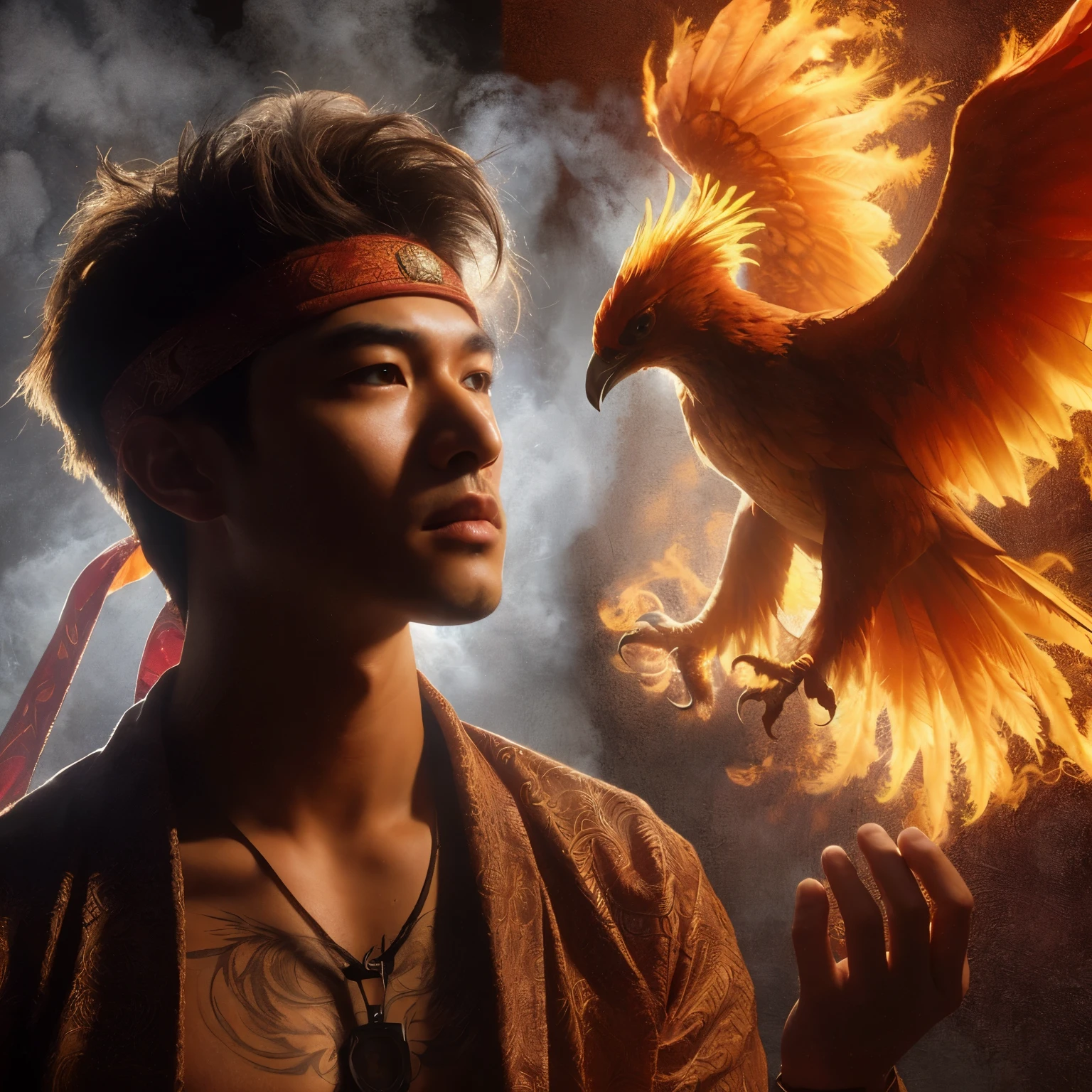 ((Perfectly insane textured)), ((Perfect proportional object arcithecture)), ((Perfect photo)), ((Super ekstremely detiled)), ((best quality)), ((masterpiece)), (bright face), arafed man with a bird on his head and a smokey background, ross tran and michael whelan, phoenix warrior, marco the phoenix, ross tran and bayard wu, inspired by Rudy Siswanto, ross tran 8 k, edgar maxence and ross tran, phoenix rising, wlop and ross tran, fiery bird, phoenix-inspired