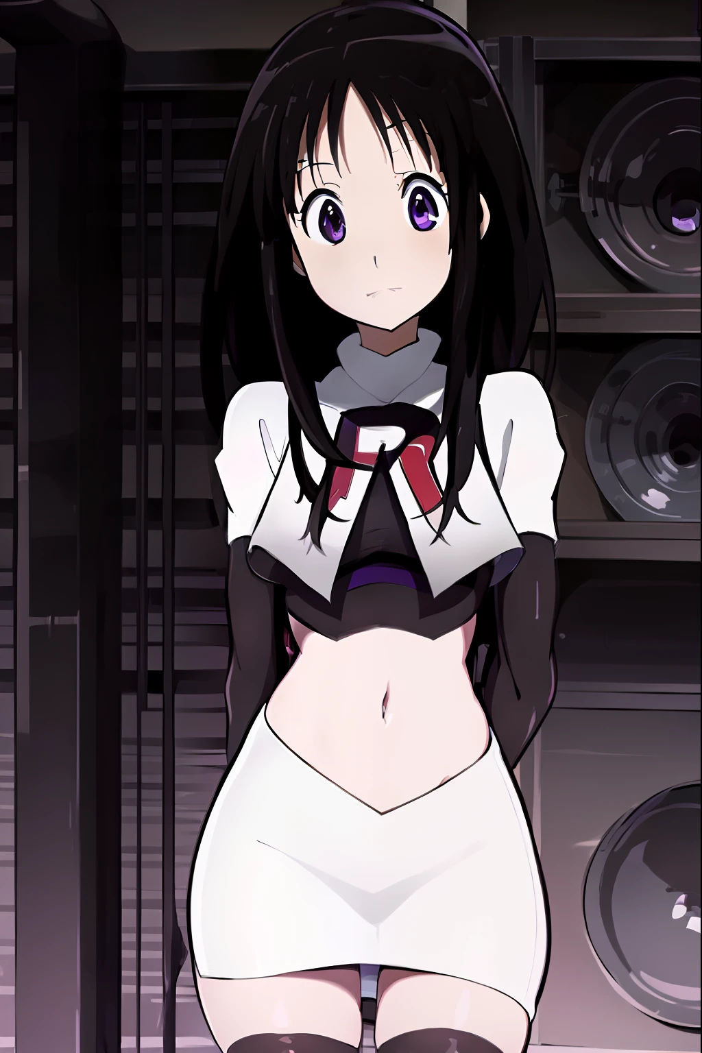 ((masterpiece,best quality,ultra detailed)),purple eyes,black hair,((cute,anime)),curious,detail eyes,team rocket,team rocket uniform,white skirt,red letter R,crop top,black thigh-highs,black elbow gloves,