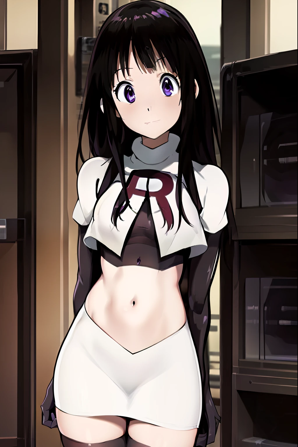 ((masterpiece,best quality,ultra detailed)),purple eyes,black hair,((cute,anime)),curious,detail eyes,team rocket,team rocket uniform,white skirt,red letter R,crop top,black thigh-highs,black elbow gloves,