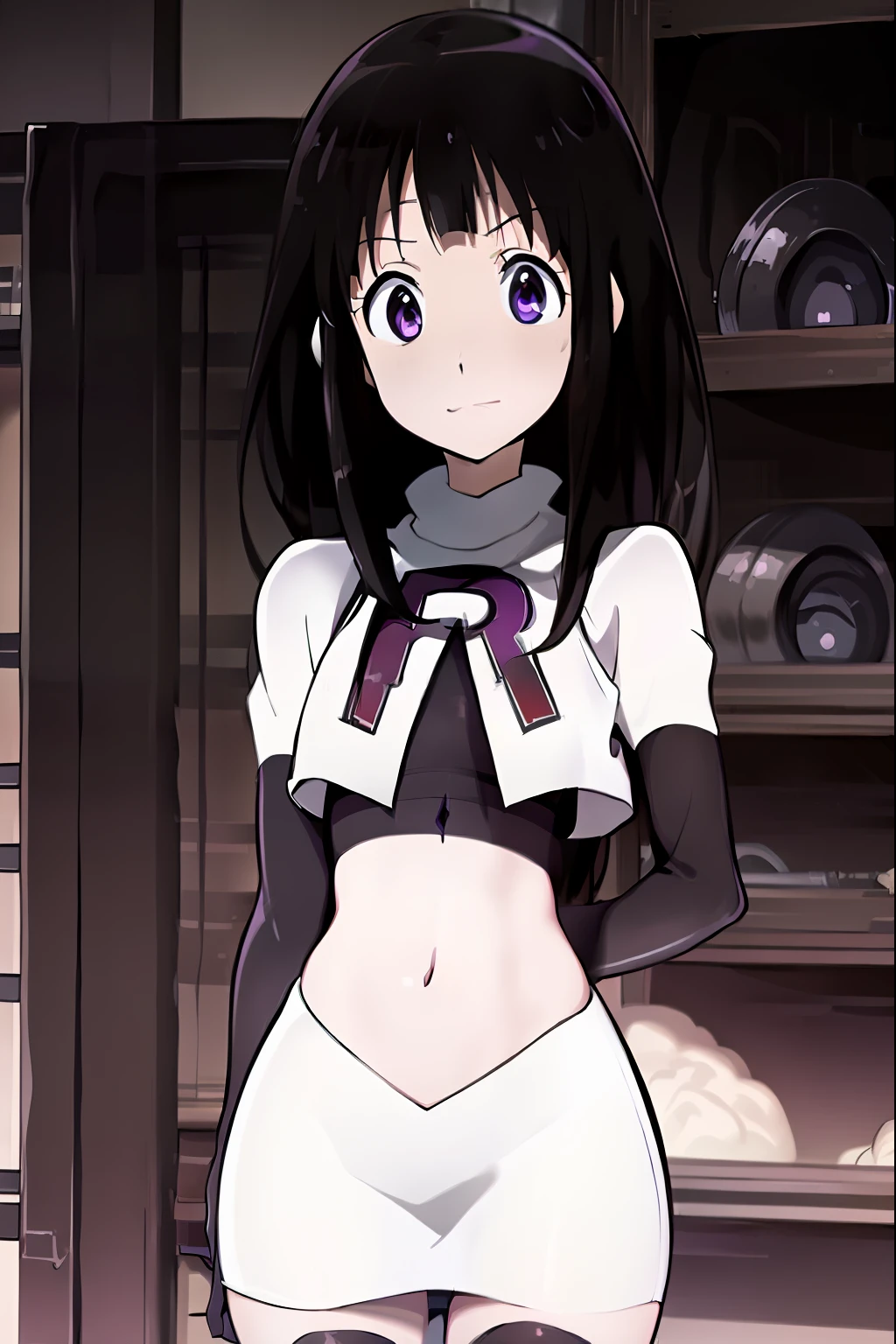 ((masterpiece,best quality,ultra detailed)),purple eyes,black hair,((cute,anime)),curious,detail eyes,team rocket,team rocket uniform,white skirt,red letter R,crop top,black thigh-highs,black elbow gloves,