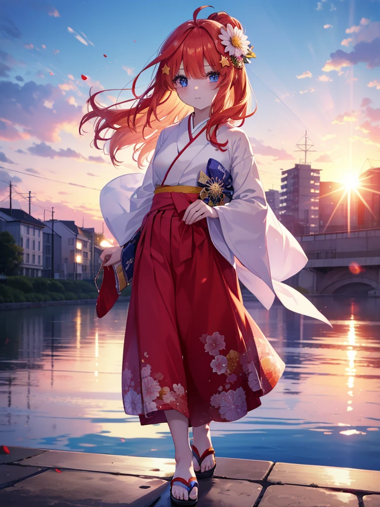 Satsuki Nakano, Itsuki Nakano, Bangs, Blue eyes, hair between eye, Ahoge, Red hair, Star \(symbol\), Hair Ornament, Star Hair Ornament,Her hair is tied back with a flower hairpin.,Red kimono,Furisode,long skirt,Sandals,In the street,The sun begins to rise between the buildings,the morning sun,Sunrise,Festival of the Japan,Best Quality, High resolution, Unity 8k壁纸, (Illustration:0.8), (Beautiful detailed eyes:1.6), extra detailed face, Perfect Lighting, extremely details CG, (Perfect hands, Perfect Anatomy),