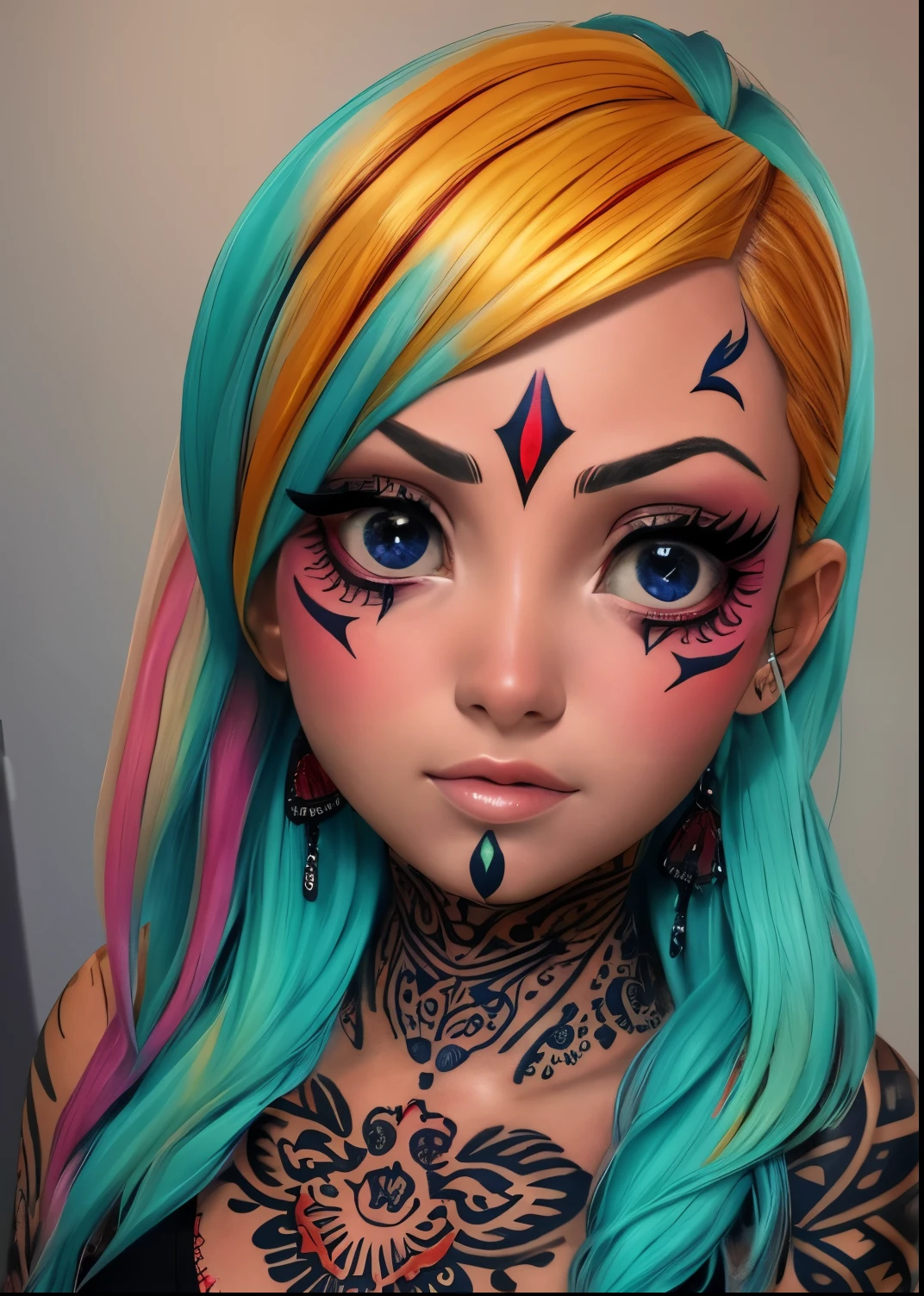 ((Una mujer)), Ciudad Nocturna, neon, Cielo estrellado perfecto, UHD, High detail, High detail, Super detail, Ultra-fine illustration, 16k,Muchos piercings en las orejas, Muchos piercings en la cara,Piercings corporales,Tatuajes en la cara,,Tatuajes alrededor de los ojos,cabello canoso, Micro Bikini, Bikini liso, (Menos bikini de tela)), ojos grandes, long eyeslashes, very long eyelashes, ethnic tattoo, (tatuaje que cubre todo el cuerpo), (tatuaje en el pecho), (tatuaje en el pecho), tatuaje en el brazo, tatuaje en el dedo, (tatuaje en todo el pecho), beautiful features, Rasgos faciales neutros, (pelo corto)