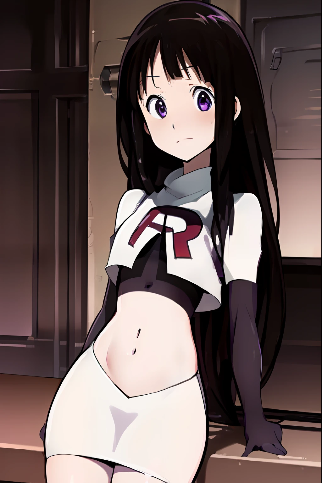 ((masterpiece,best quality,ultra detailed)),purple eyes,black hair,((cute,anime)),curious,detail eyes,team rocket,team rocket uniform,white skirt,red letter R,crop top,black thigh-highs,black elbow gloves,