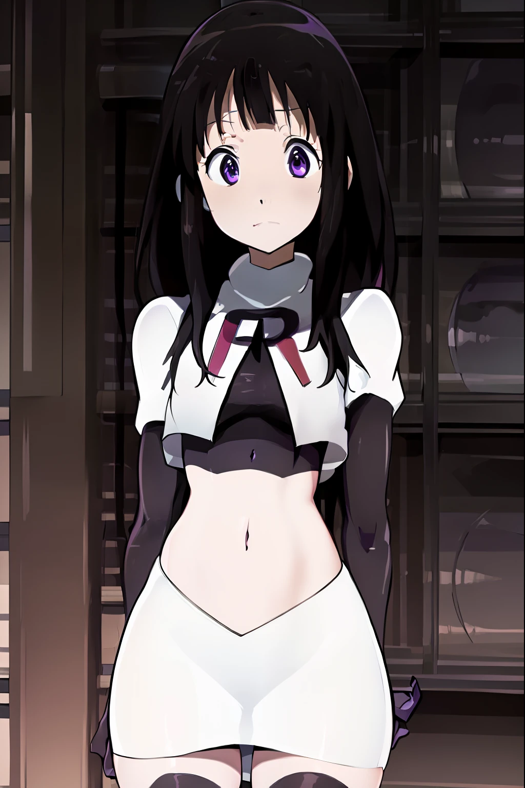 ((masterpiece,best quality,ultra detailed)),purple eyes,black hair,((cute,anime)),curious,detail eyes,team rocket,team rocket uniform,white skirt,red letter R,crop top,black thigh-highs,black elbow gloves,