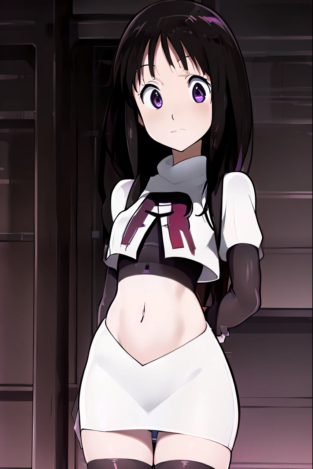 ((masterpiece,best quality,ultra detailed)),purple eyes,black hair,((cute,anime)),curious,detail eyes,team rocket,team rocket uniform,white skirt,red letter R,crop top,black thigh-highs,black elbow gloves,