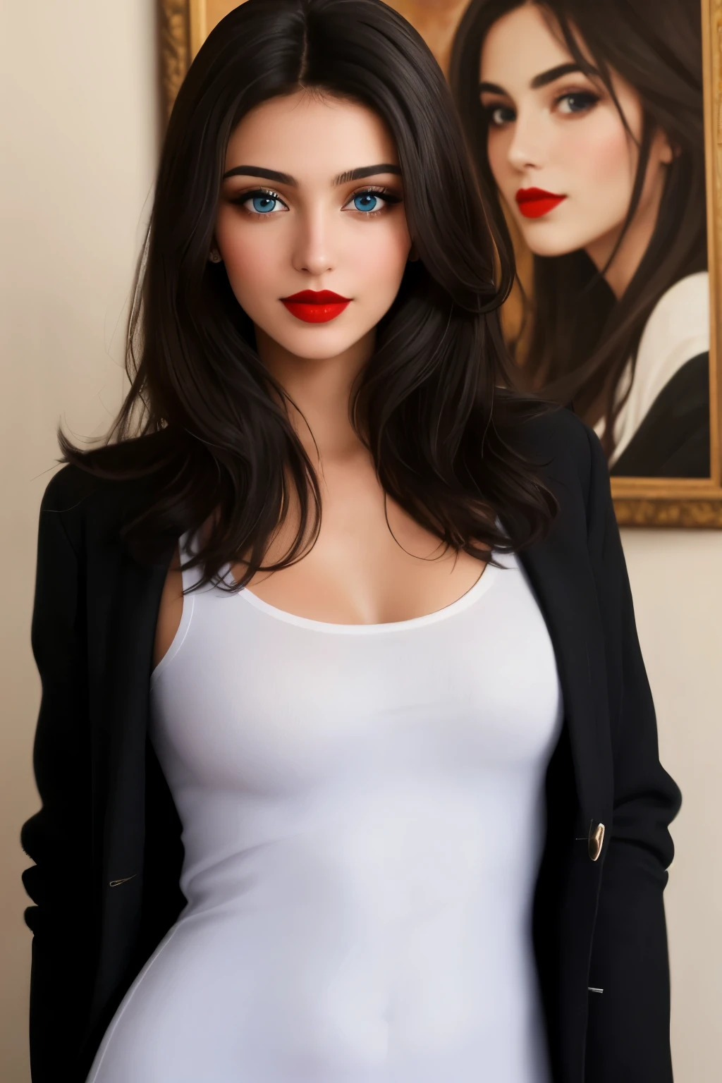 I want you to paint a brunette Turkish girl. He is thin and has blue eyes and black hair. she used red lipstick