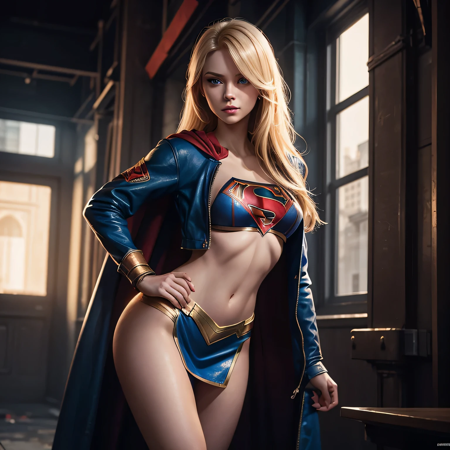 une prostituée se faisant passer pour une supergirl, cheveux longs, blond sale, yeux bleus, je ne porte qu'une veste en cuir et une mini-jupe ultra révélatrice, jambes nues, séance photo, instagram pose, corps entier, Club de strip-tease, Supergirl fait office de strip-teaseuse, complexe, élégant, Très détaillé, peinture numérique, ArtStation, Art conceptuel, lisse, mise au point nette, illustration, Illustration de Wlop, Charlie Bowater et Alexandra Fomina
