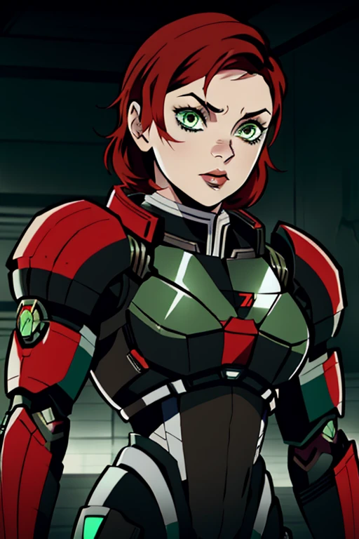 kimetsu no yaiba style,1girl, solo, Jane Shepard, FemShep, short hair, red hair, green eyes, black power armor, N7, anime colorinasterpiece