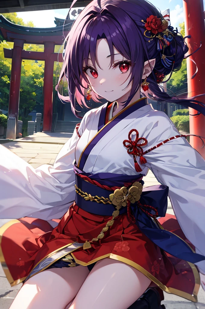 Yuki Konno, Yuki Konno, shairband, Long hair, pointy ear, Purple hair, (Red Eyes:1.5), (Small breasts:1.2), Ahoge,Purple kimono,White mini skirt,knee high socks,Short boots,Happy atmosphere,closes mouth,I'm smiling,In front of the torii gate,shrines,Sunrise,The sun begins to rise,Upper body, Full body,
BREAK outdoors,
BREAK (masutepiece:1.2), Best Quality, High resolution, Unity 8k壁纸, (Illustration:0.8), (Beautiful detailed eyes:1.6), extra detailed face, Perfect Lighting, extremely details CG, (Perfect hands, Perfect Anatomy),