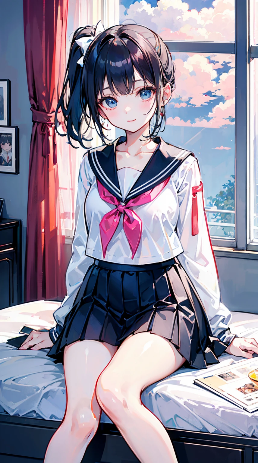 (Film portrait photography,Cinematic portrait,Beautiful two-dimensional wallpapers)(詳細な目, Natural skin texture, Details on the face)(Soft professional lighting,Private photos,35㎜ film, Hazy beauty)( cute loli sideways:1.6,Sexy collarbone:1.4,Wearing a see-through sailor suit and jk skirt,Refined waist-hip ratio:1.6,White and long legs:1.3,Sexy plump body:1.5,ssmile,small red lips:1.4,Wearing a bow:1.4,cute white socks:1.3,French bangs:1.4,high ponytails:1.6)(In a girly pink room:1.4,with blue sky and white clouds:1.5,Study desk,sit on a bed,The picture is very neat :1.5)