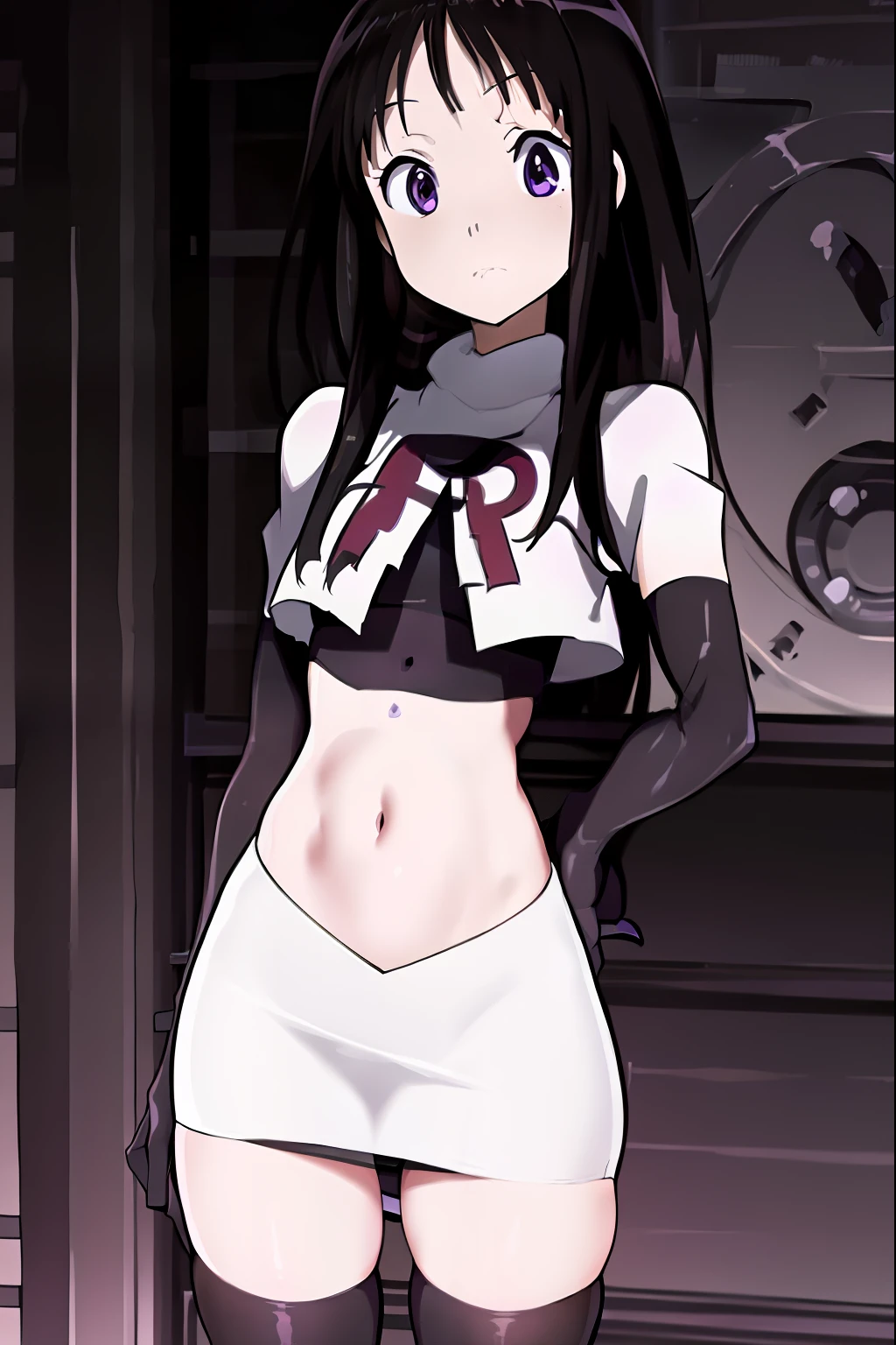 ((masterpiece,best quality,ultra detailed)),purple eyes,black hair,((cute,anime)),curious,detail eyes,team rocket,team rocket uniform,white skirt,red letter R,crop top,black thigh-highs,black elbow gloves,