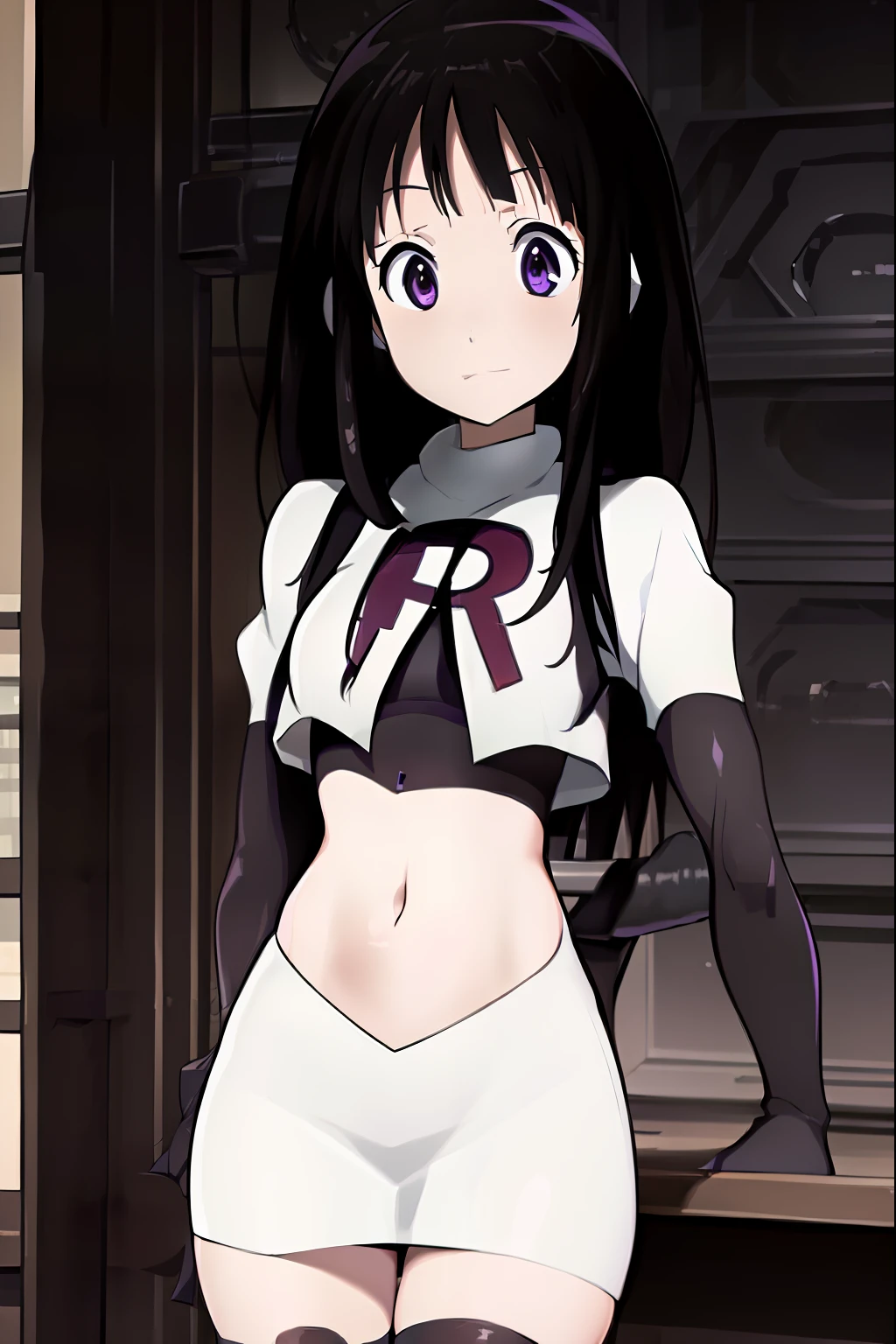 ((masterpiece,best quality,ultra detailed)),purple eyes,black hair,((cute,anime)),curious,detail eyes,team rocket,team rocket uniform,white skirt,red letter R,crop top,black thigh-highs,black elbow gloves,