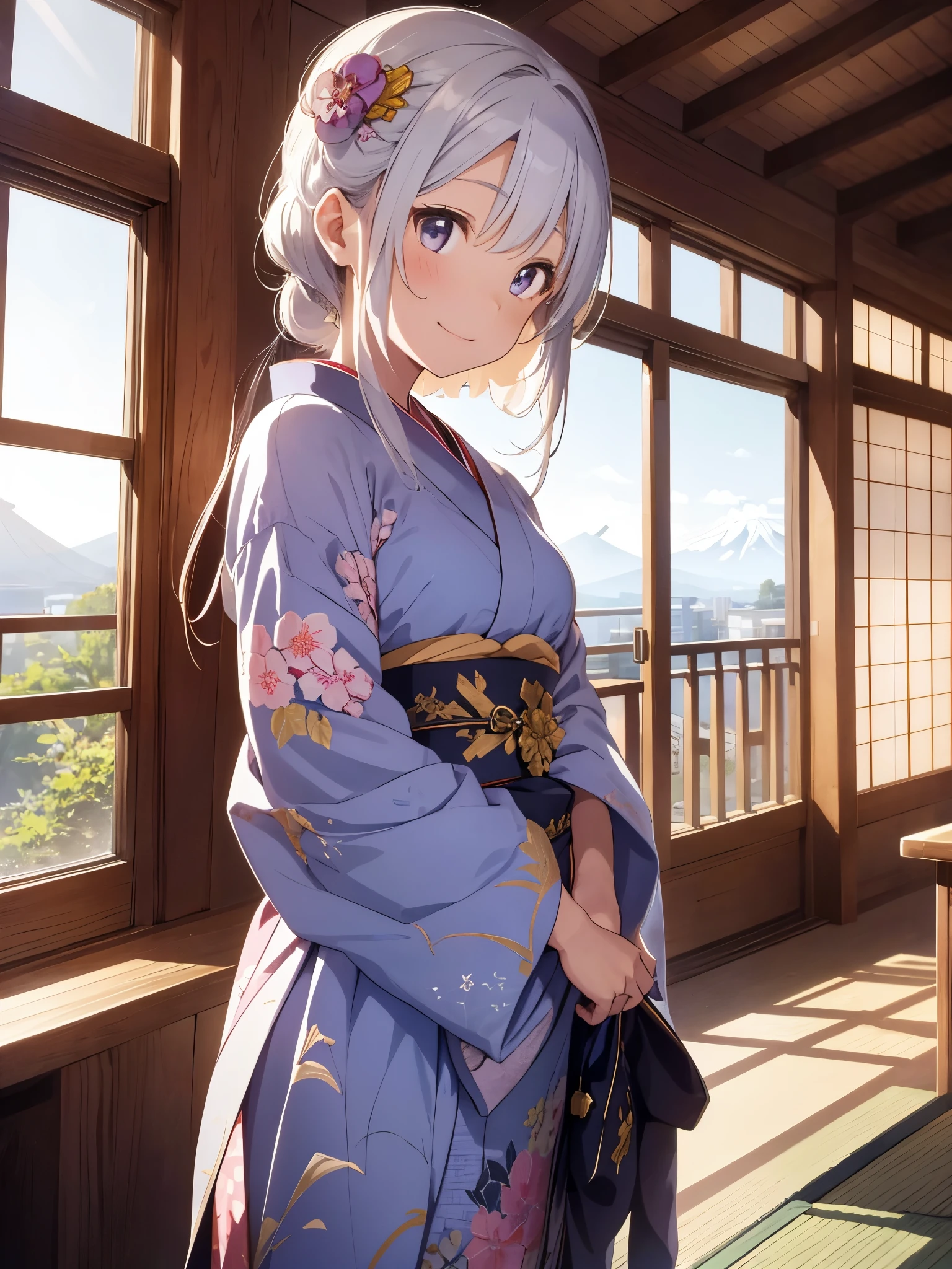 girl at the shrine, watch the sunrise from the window, With the majestic Mt. Fuji in the background、very smiling. Soft morning light fills the room, Creating a quiet and quiet atmosphere. girl has a beautiful sunrise, the color becomes darker、Creates a more vivid and solemn impression. Her white hair flows gracefully down to her waist., Her long sideburns framed her delicate face.. her eyes are light purple, Shining with just a little curiosity and surprise. She is wearing a traditional and elegant Japanese kimono。, decorated with intricate patterns and designs. kanzashi, Decorative hairpins, Holds her hair in place elegantly, Adds femininity and elegance. Scenes are captured in the best quality, Ultra-detailed and photorealistic rendering, See all the intricate details of the room, The Girl, and sunrise. The colors are vivid and rich, Beautiful blue Japanese clothing that shines in the soft morning light. The lighting in the room is also carefully designed., casting a warm and gentle glow on The Girl's face and creating a peaceful and serene ambiance.