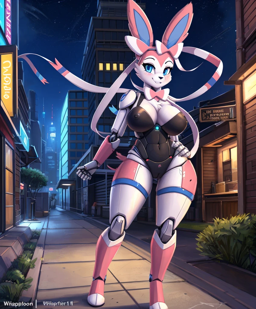 by whisperfoot, burgerkiss, fluff-kevlar, Zackary911, Kenket, Kilinah, Zackary911, (((Sylveon, woman, breasts, antrum, extremely detailed, extremely detailed legs, extremely detailed arms, extremely detailed face, perfectly detailed eyes, perfectly detailed anatomy))): 1.2, solo, perspective, curved thighs, wide hips, thick thighs, d cup mecha breasts, curvature, (robotic, high-tech, android, mechanical), In_the_city, (sfw), (exposing), (thick fur), cute, (night), sidewalk,full body