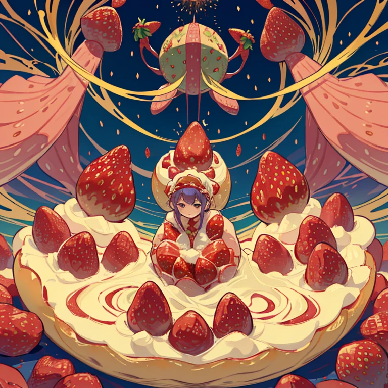 Tarot Cards、golden strawberry frame,A pastry chef covered in strawberry parfait serving a giant strawberry、Amazing dynamism、Amazing Angle、Unstable buoyancy sandstorm、((((Many friendly giant strawberries float closely together and chase each other.))))。surround each other'giant strawberry、