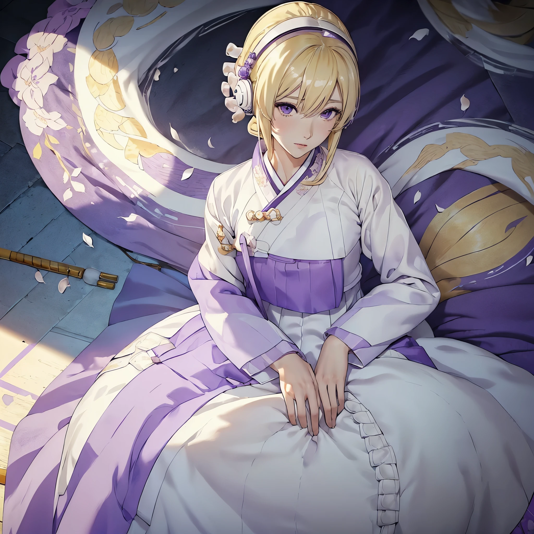 (((White Headphone))), (((Blonde))), (((Tall))), (((Slender))), (((Purple Hanbok))), cleavage, (((Beautiful face))), Dragon Pattern, (((anime))), (((pastel))), cat