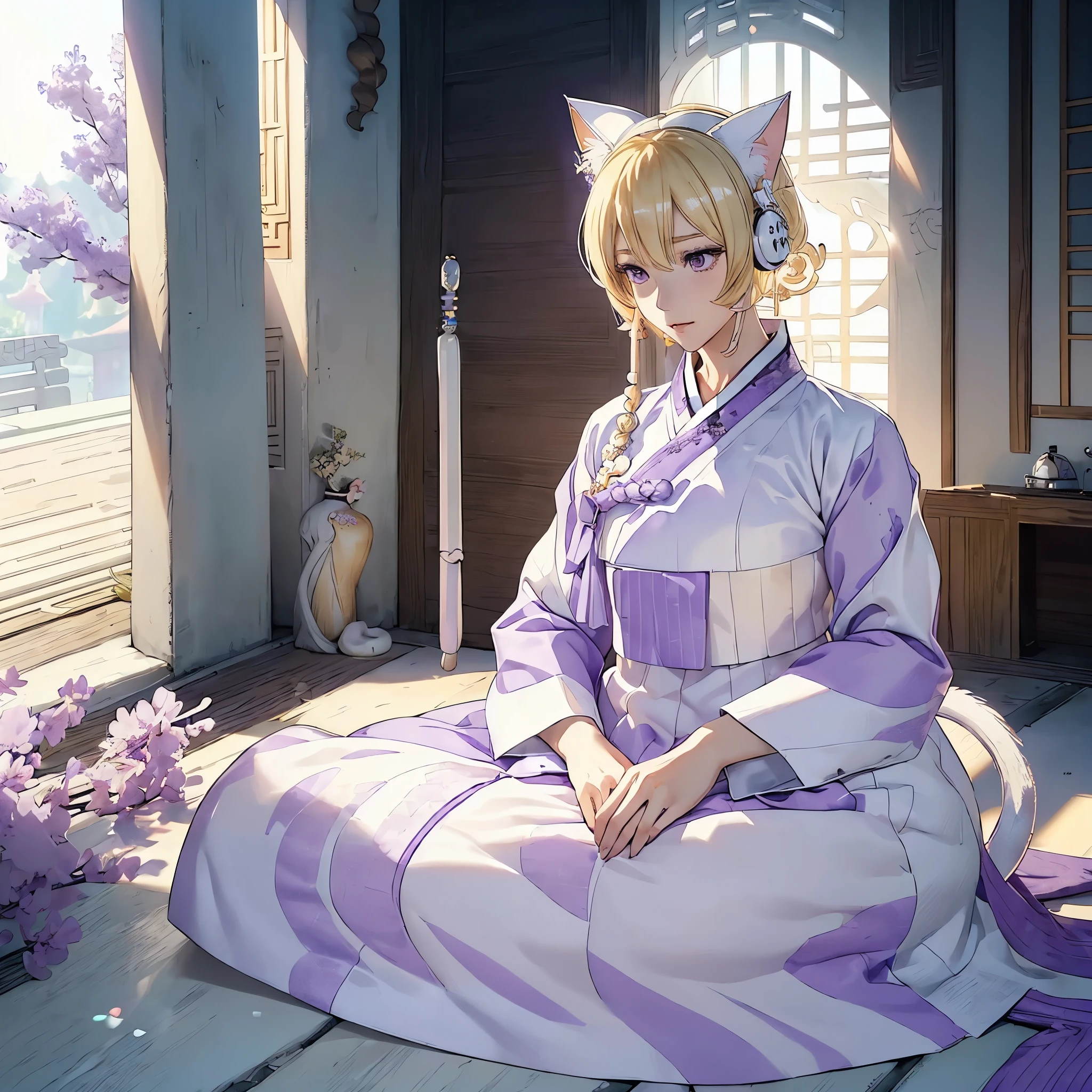 (((White Headphone))), (((Blonde))), (((Tall))), (((Slender))), (((Purple Hanbok))), cleavage, (((Beautiful face))), (((anime))), (((pastel))), (((cat ears))), dragon