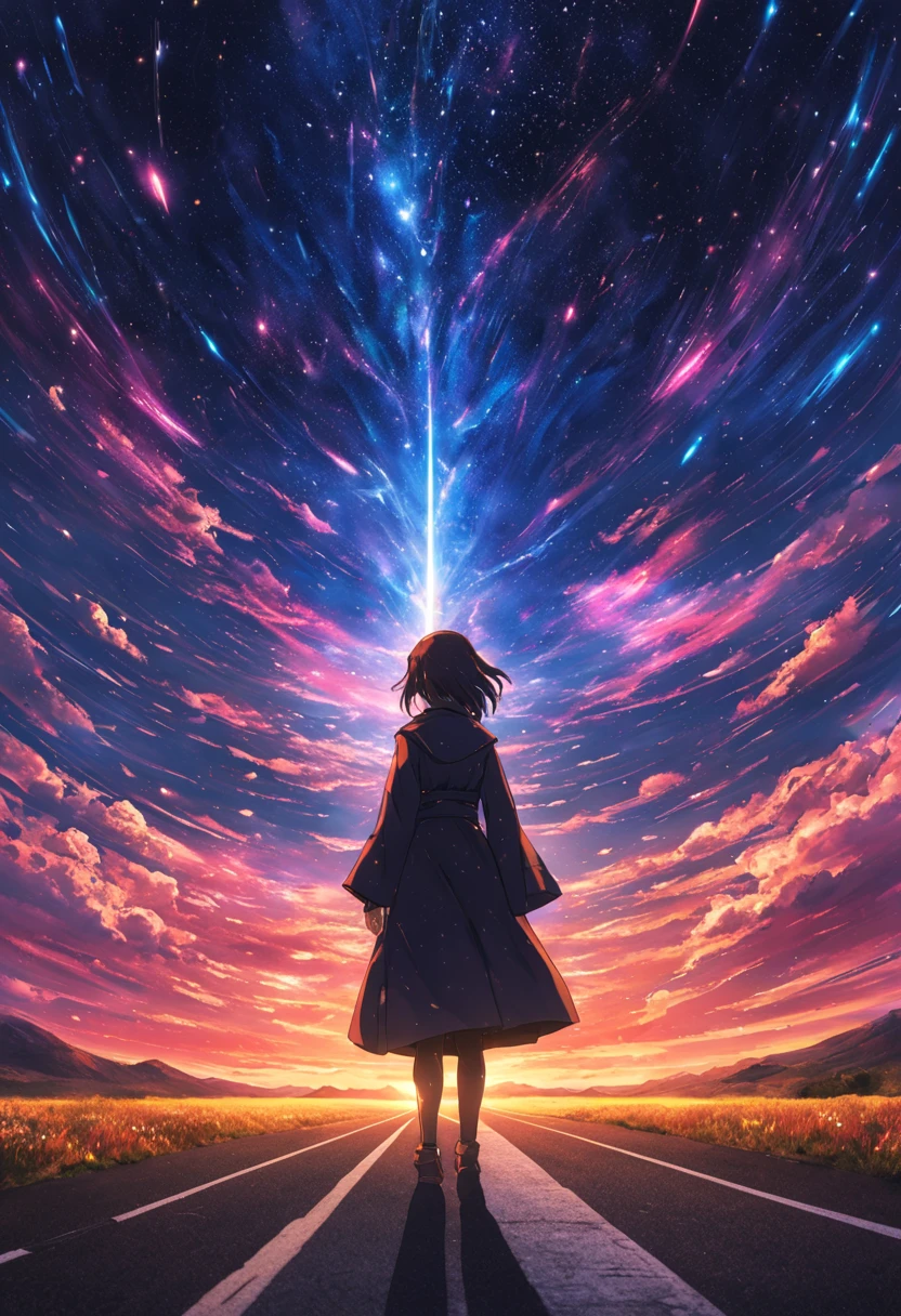 Ara standing on the road with the sky in the background々Shishi Man々new image, japanese vfx, in the astral plane ) ) ), anime opening, japanese cgi, The End of the Universe, style of akira motion movie, noriyoshi ohrai masterpiece, Star - Gate of Futurism, inspired by Yoshio Markino, anime still film anime shikishi, trailer