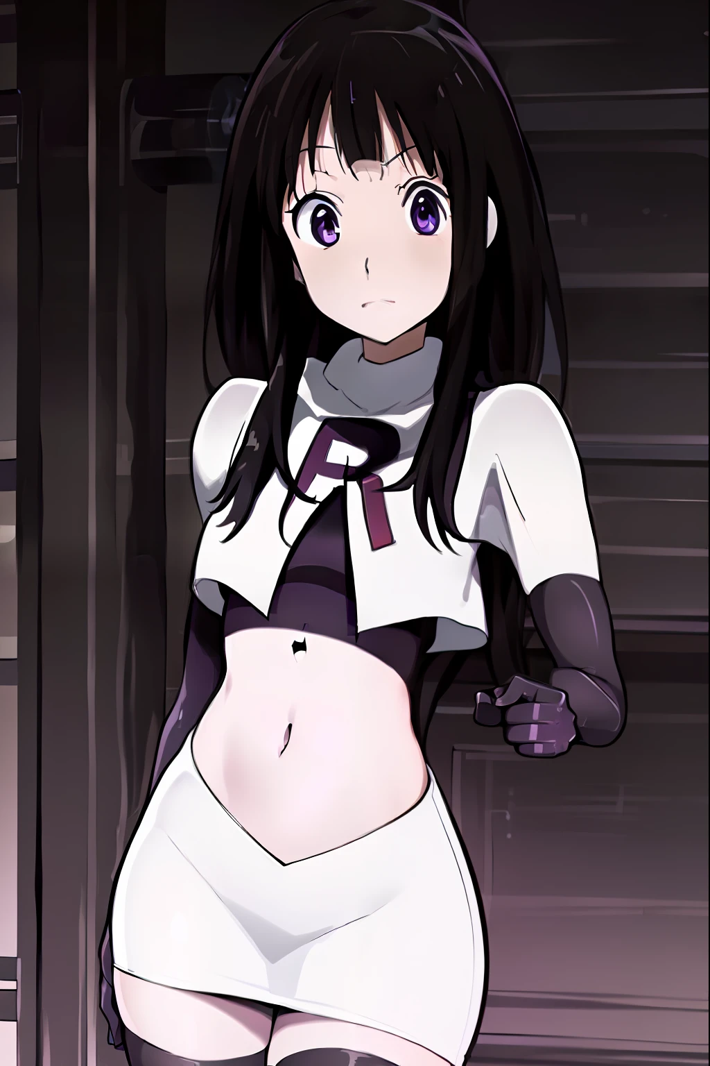 ((masterpiece,best quality,ultra detailed)),purple eyes,black hair,((cute,anime)),curious,detail eyes,team rocket,team rocket uniform,white skirt,red letter R,crop top,black thigh-highs,black elbow gloves,