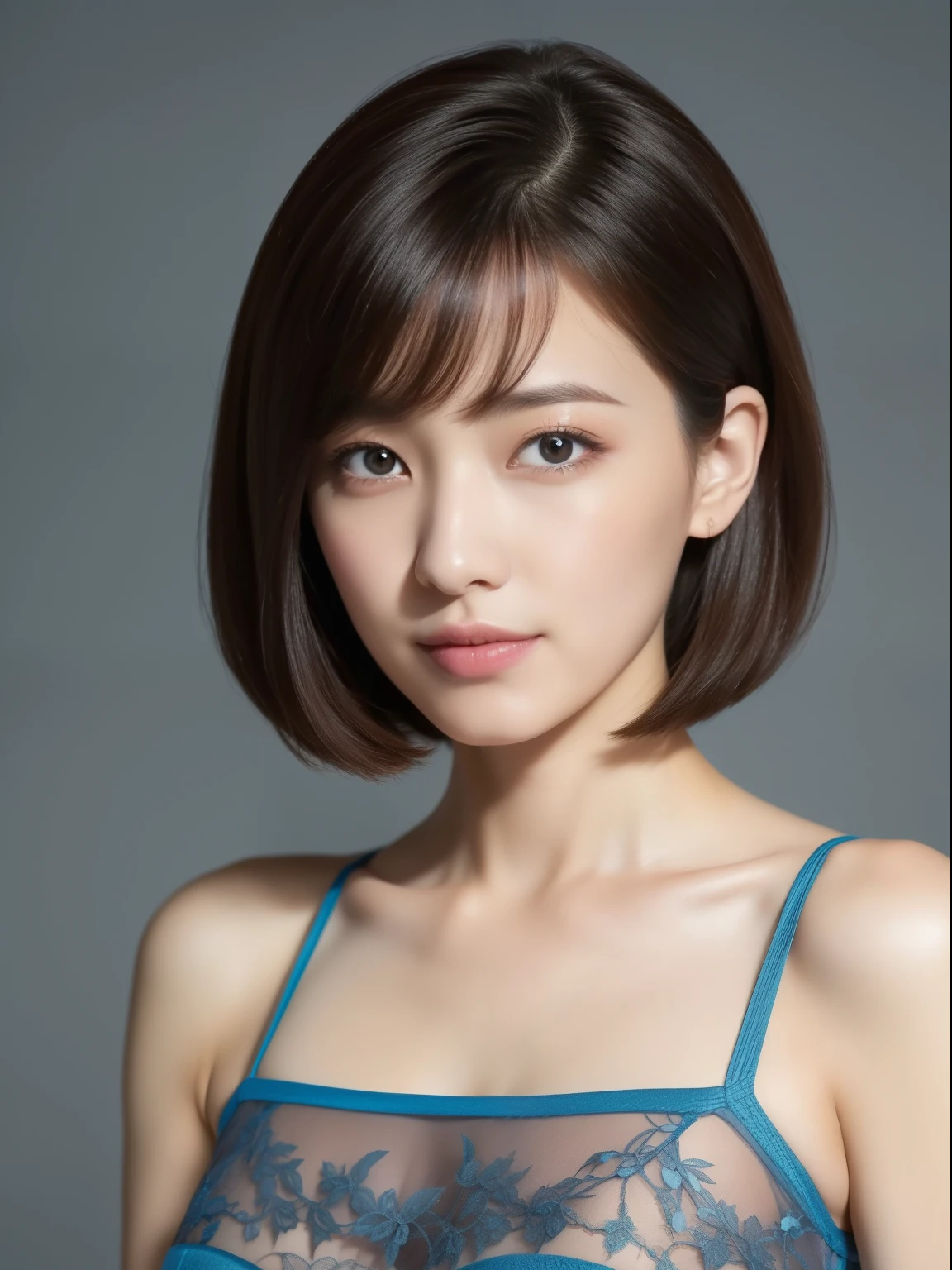 Beautiful 26 year old woman。She wears a tight camisole in light blue-gray satin fabric。Black lace at chest and hem.。kindly smile。Her dark brown hair is、Her hair is straight short bob hair。hight resolution、masterpiece、top-quality、headw:1.4、((Hasselblad photo))、Fine skin、fine textured knit、(电影灯光)、鎖骨