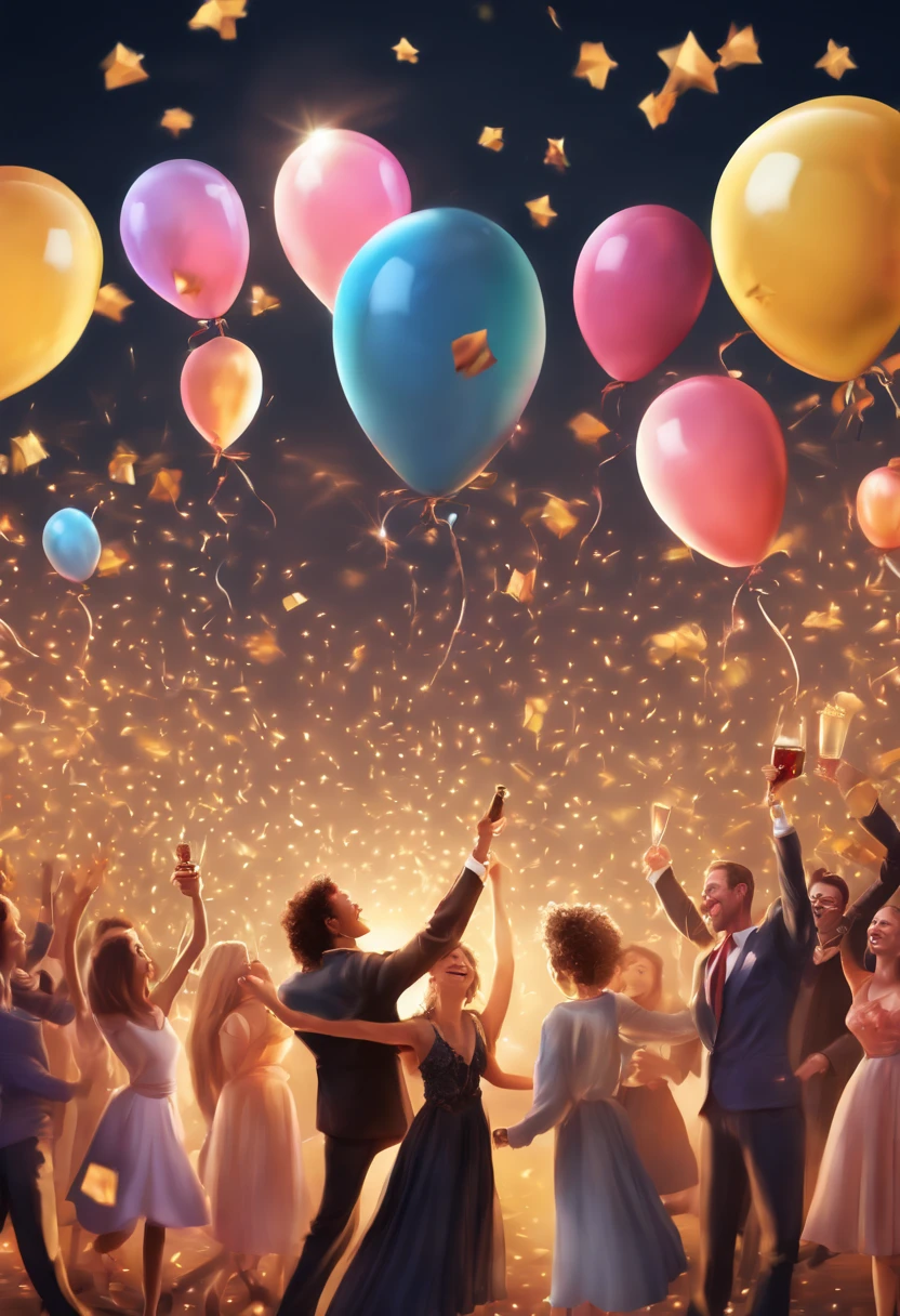 (best quality,4k,8k,highres,masterpiece:1.2),ultra-detailed,(realistic,photorealistic,photo-realistic:1.37),cheerful, joyful, vibrant colors,new year celebration,fireworks,sparkling lights,party decorations,confetti,excited faces,laughter and smiles,happiness and joy,dancing and singing,celebration atmosphere,new year countdown,festive atmosphere,balloons,happy people,new year wishes fulfilled,positive and uplifting,beautiful dresses and suits,gold and silver accents,magical atmosphere,energetic and lively music,bright and colorful background,fun and memorable moments,enchanting and magical,new year resolutions,optimistic and hopeful,positive energy,amazing memories,cheers and toasts,three, two, one,happy new year,wonderful new beginning,prosperity and success,standout outfits,sparkling beverages,popping champagne bottles,party hats and horns,loud music and laughter.