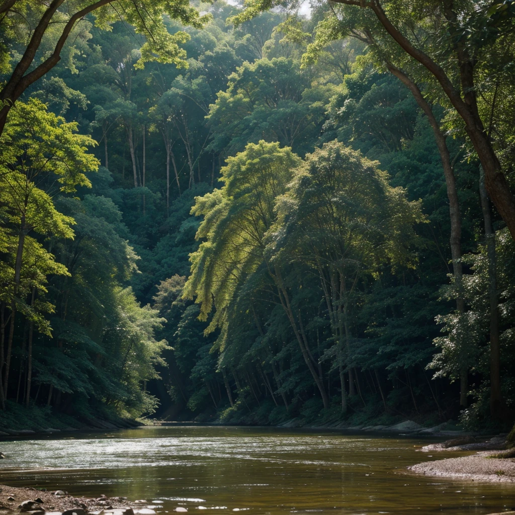 a vast forest filled with a diversity of tall, majestic trees. The air is fresh and full of natural fragrances as you walk amidst the shadows of the treetops.
No centro dessa floresta, a river of crystal clear and shining water flows. As you approach the banks of the river, pode ver pedras suavemente dispostas ao longo delas. The soft sunlight streams through the leaves of the trees, creating intense reflections in the moving waters of the river. It's a stunning sight that fills your eyes with wonder.
As you watch the current, the intense sparkles of the waters seem to dance like a band, creating a breathtaking visual spectacle. It's as if nature itself is performing in a symphony of colors and lights..