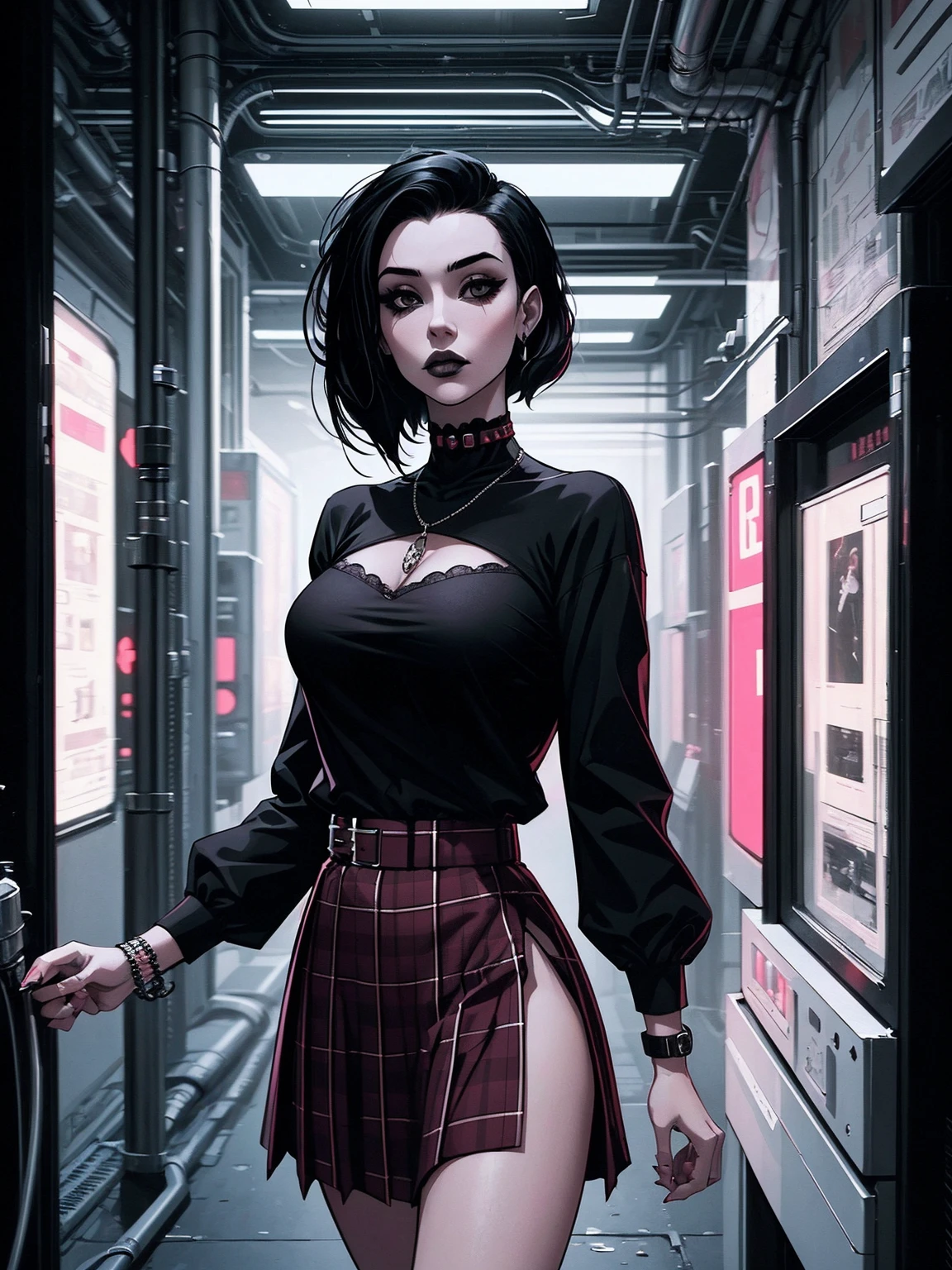 a woman with short black hair wearing a black blouse and plaid skirt, cyberpunk art, gothic art, cute aesthetic with vibe, toon aesthetic, wearing red costume, wearing gothic accessories