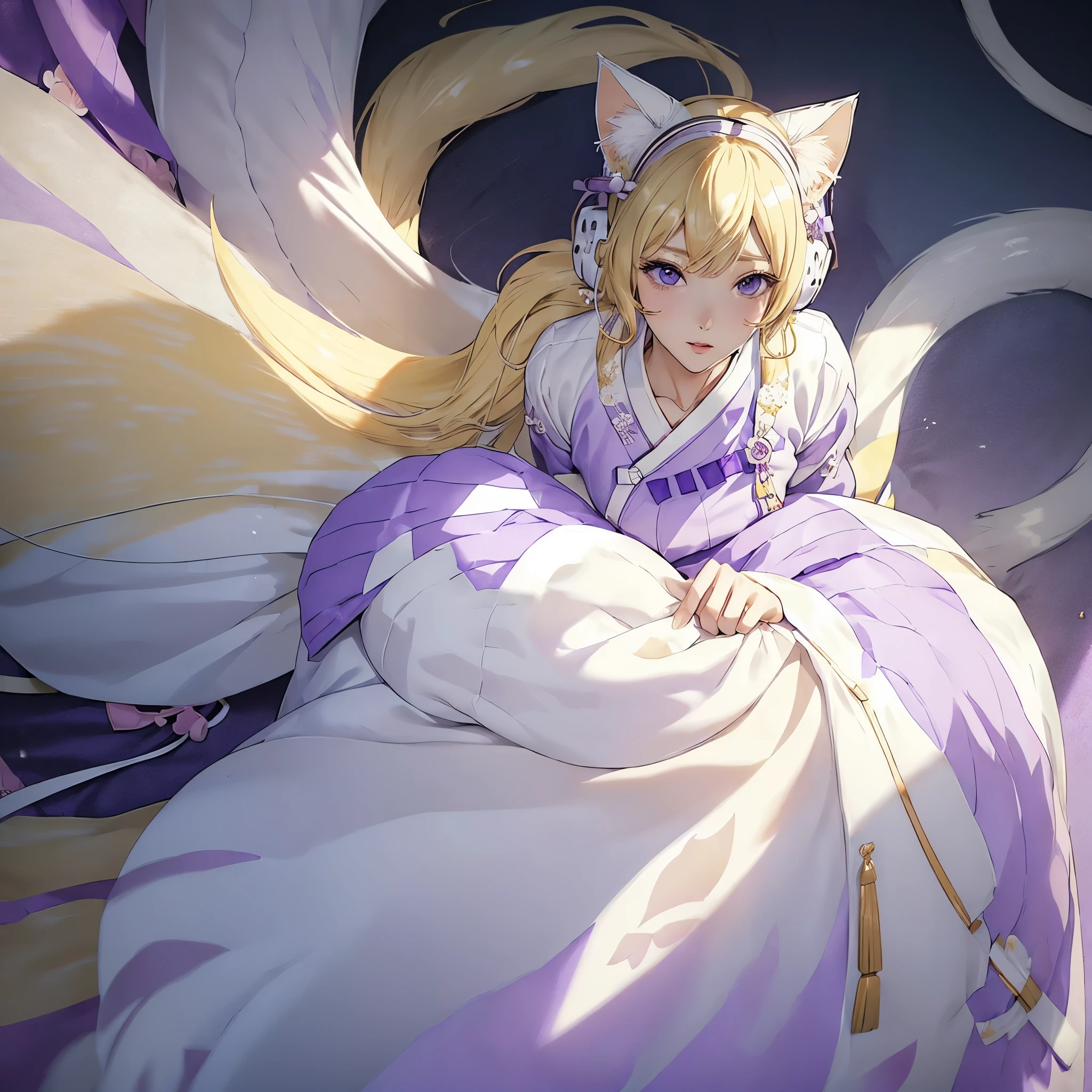 (((White Headphone))), (((Blonde))), (((Tall))), (((Slender))), (((Purple Hanbok))), cleavage, (((Beautiful face))), (((anime))), (((pastel))), (((cat ears))), dragon