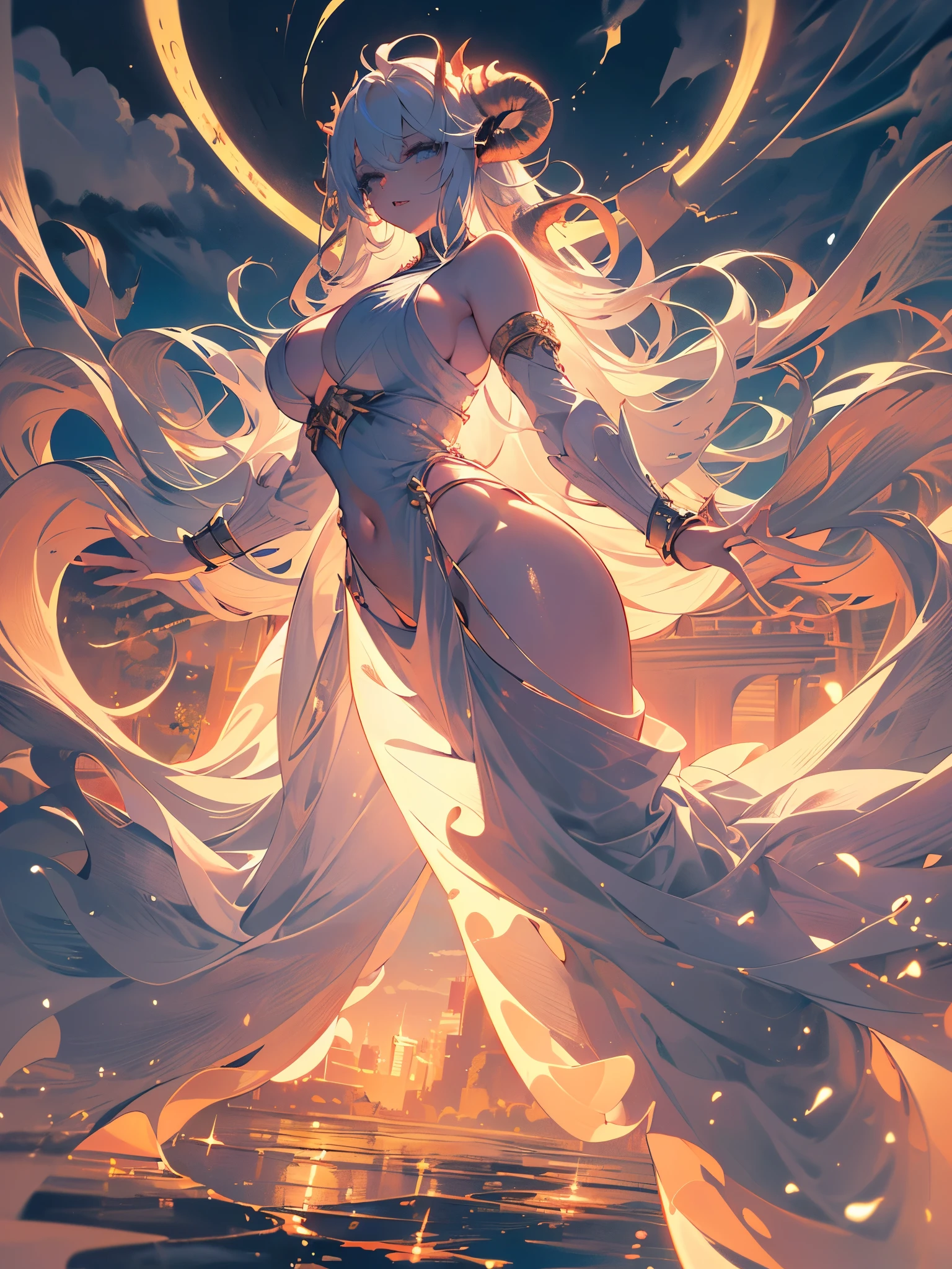 a demon girl floating on the sea water, very long hair, white hair with bluish highlights, thick lips, expression of serenity, (((large curved horns, in the pose of Christ, cloudy and night))), small round breasts, big booty, strong thighs, {extremely detailed 16k CG unit wallpaper}, expansive landscape photography, (a low view with focus on the character, and setting), (wide open field view), (angled shot low), (high light: 1.4), (low light: 1.4), (warm light source: 1.5), complex details, (iridescent colors: 1.4), (bright lighting), (atmospheric lighting), dreamy, unique, dark, perfect reflections, full body