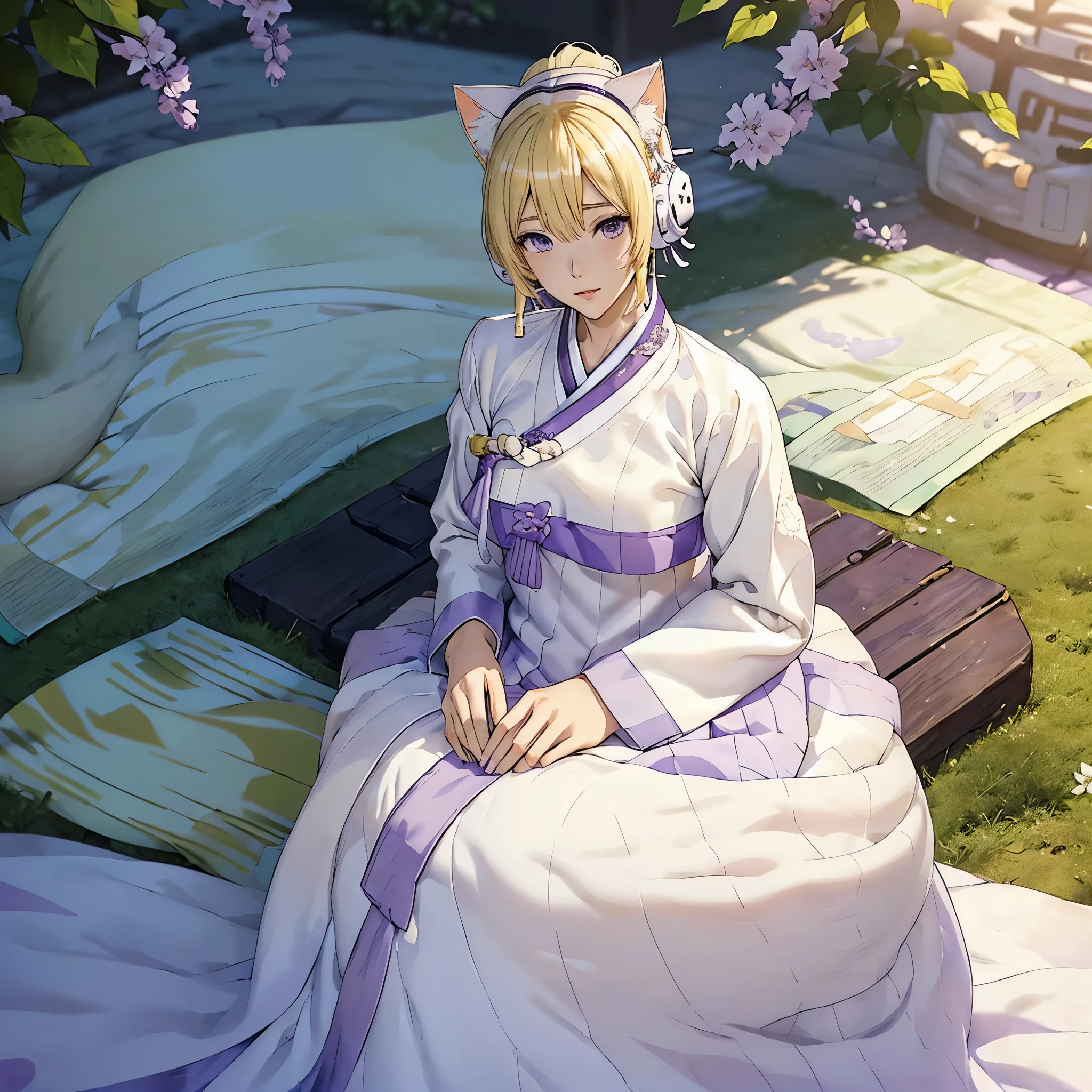 (((White Headphone))), (((Blonde))), (((Tall))), (((Slender))), (((Purple Hanbok))), cleavage, (((Beautiful face))), (((anime))), (((pastel))), (((cat ears)))
