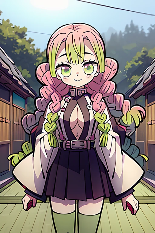 masterpiece, best quality, ultra-detailed, Potrait of beautiful MitsuruDS, solo, demon_slayer_uniform, smile, long_sleeves, looking_at_viewer, japanese_clothes, breasts, haori, cleavage, closed_mouth, jacket, large_breasts, open_clothes, skirt, belt, black_skirt, pleated_skirt, thighhighs, green_thighhighs, zettai_ryouiki, volumetric lighting, best quality, masterpiece, intricate details, tonemapping, sharp focus, hyper detailed, trending on Artstation,
