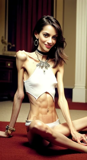 Photograph of an anorexic emaciated extremely skinny Malaysian female model, show full height of model from toes up, she is sitting on the carpet, her legs are spread open, wide black neck choker 12 inches wide, show breasts, show legs, big smile, teeth are showing, small sized breasts, white underwear, long yrllow hair, large hoop earings, bright red lipstick, incredibly skinny body, extremely skinny body, emaciated body, tiniest waist ever, well-defined collar bones, well-defined hip bones, well-defined ribcage, extremely skinny arms and legs, weak and fragile body, masterpiece, anatomically correct, textured skin, super detail, high details, high quality, best quality.