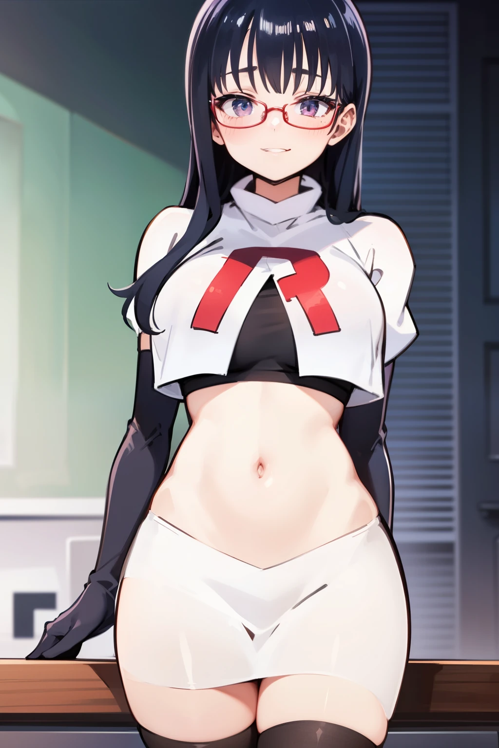 (masterpiece, best quality, ultra-detailed), 1girl, looking at viewer, glasses, team rocket,team rocket uniform,white skirt,red letter R,crop top,black thigh-highs,black elbow gloves,
