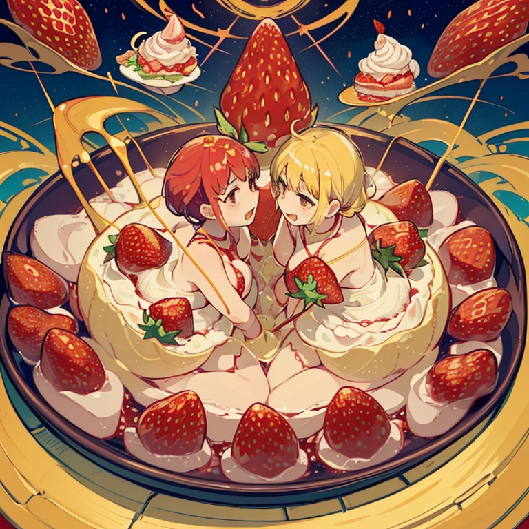 Tarot Cards、golden strawberry frame，A pastry chef covered in strawberry parfait serving a giant strawberry、Amazing dynamism、Amazing Angle、Unstable buoyancy sandstorm、((((Many friendly strawberries float very closely and chase each other.))))。surround each other&#39;giant strawberry、