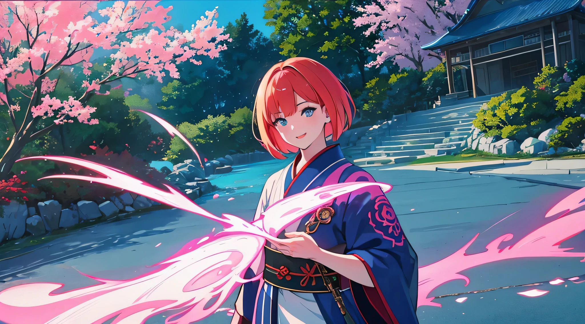 1 girl in,Redhead Bob Cut、Blue eyes、Light blue kimono 、A smile、Looking sideways at me、profile、Pink Dragon、shrines,in 8K, A hyper-realistic, lensflare,Fun atmosphere, brilliance, detaileds, Convoluted, full of colour, lighting like a movie, Trending on ArtStation,, hyper realisitic, Focus, 極限detaileds, unrealengine5, Cinematic, masterpiece, top-quality、shadings