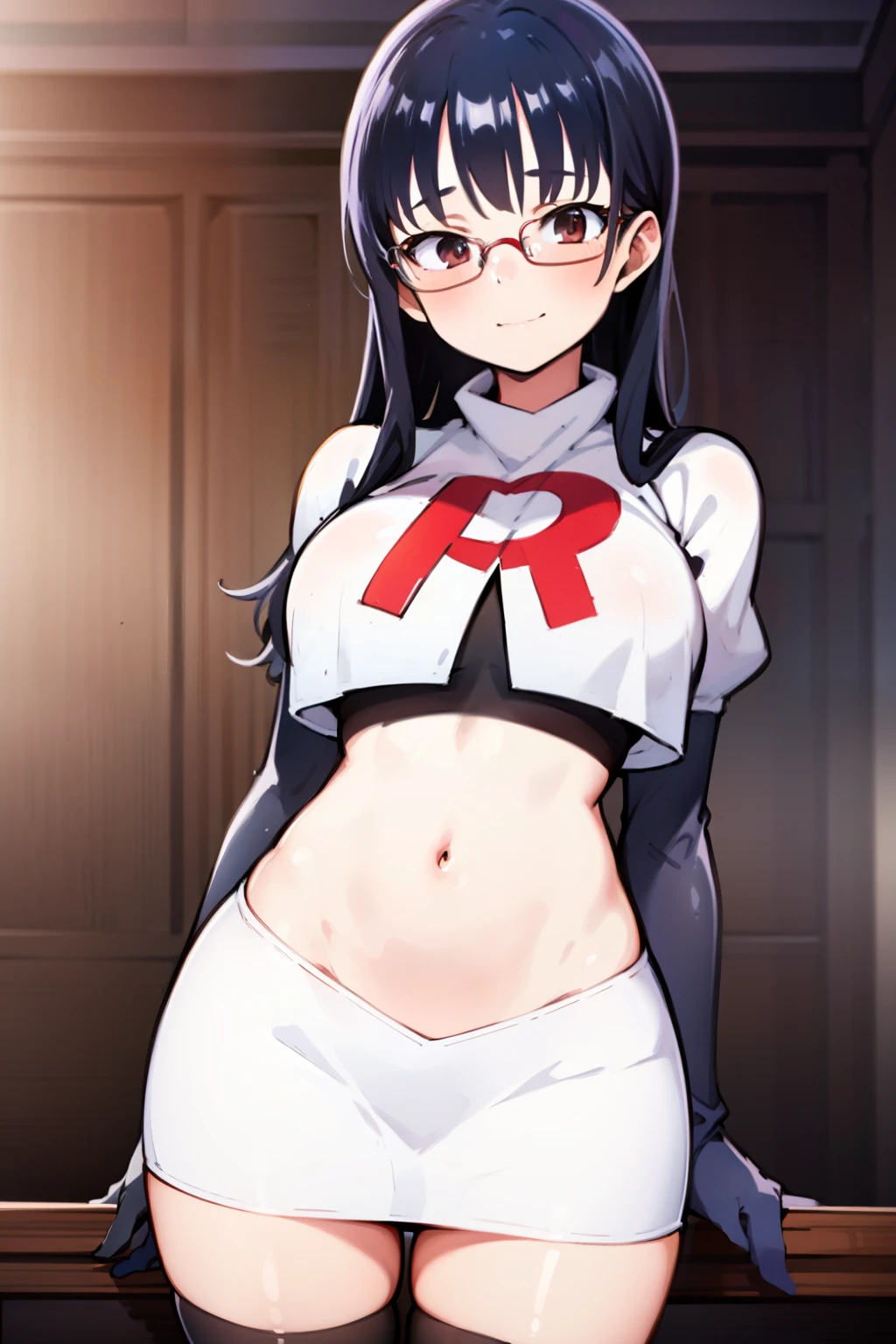 (masterpiece, best quality, ultra-detailed), 1girl, looking at viewer, glasses, team rocket,team rocket uniform,white skirt,red letter R,crop top,black thigh-highs,black elbow gloves,