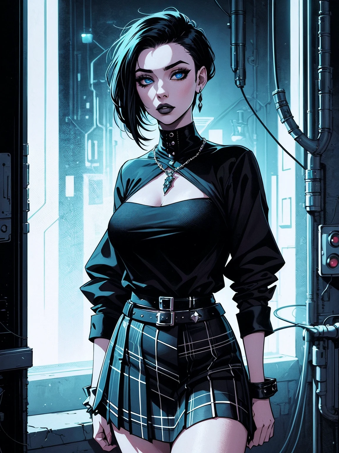 a woman with short black hair wearing a black blouse and plaid skirt, blue eyes, cyberpunk art, gothic art, cute aesthetic with vibe, toon aesthetic, wearing red costume, wearing gothic accessories