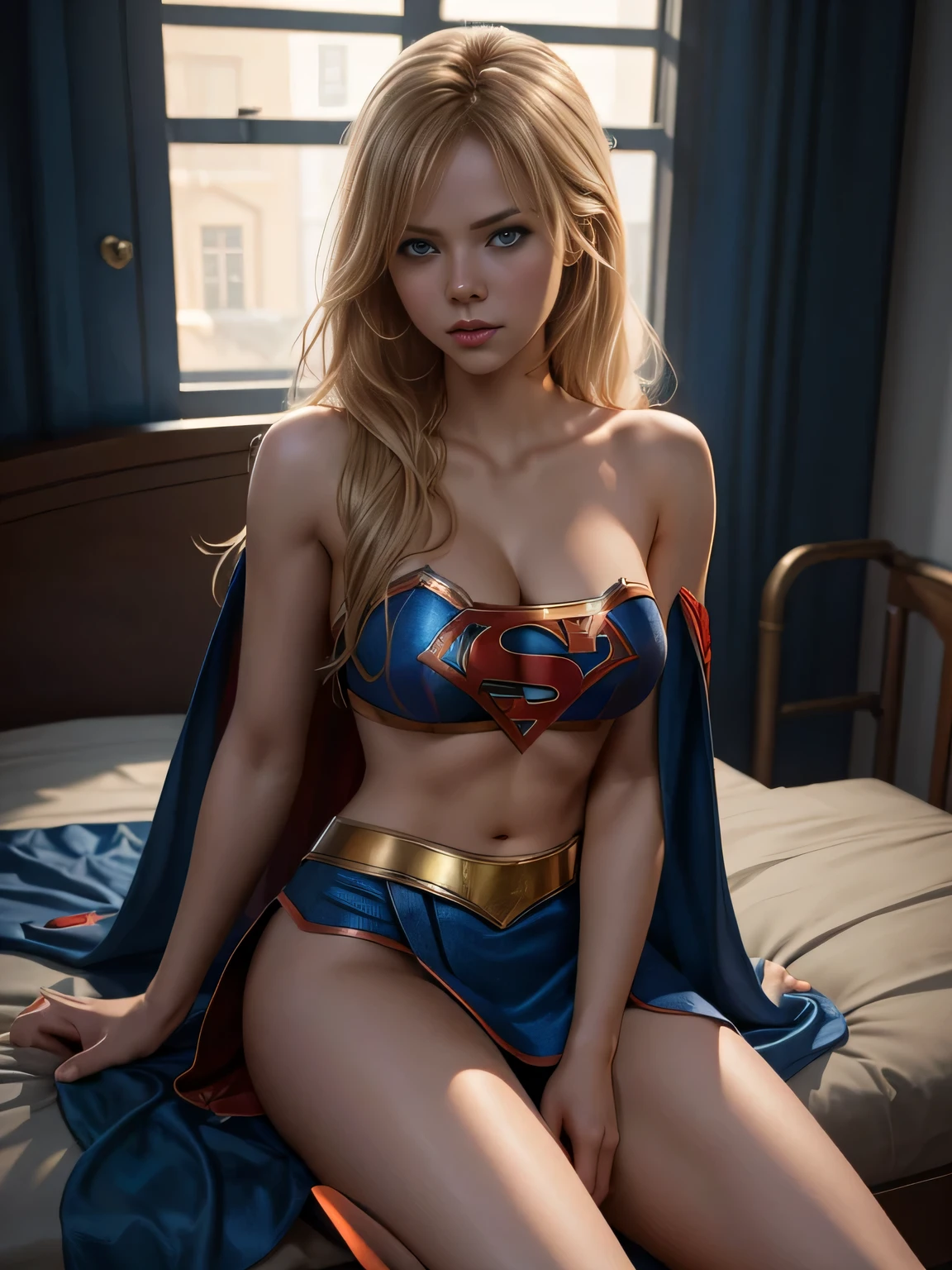 une prostituée se faisant passer pour une supergirl, cheveux longs, blond sale, yeux bleus, dans une mini jupe ultra révélatrice et rien d'autre, jambes nues, allongé dans un lit défait, séance photo, instagram pose, corps entier, Club de strip-tease, Supergirl fait office de strip-teaseuse, complexe, séductrice, Vulgaire, Corné, honteux, cuisses ouvertes, Très détaillé, peinture numérique, ArtStation, Art conceptuel, lisse, mise au point nette, illustration, Illustration de Wlop, Charlie Bowater et Alexandra Fomina