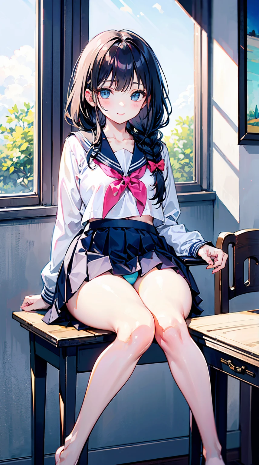 (Film portrait photography,Cinematic portrait,Beautiful two-dimensional wallpapers)(詳細な目, Natural skin texture, Details on the face)(Soft professional lighting,Private photos,35㎜ film, Hazy beauty)(15 year old cute sideways:1.6,Sexy collarbone:1.4,Wearing a sailor suit and jk skirt with visible underwear,Refined waist-hip ratio:1.6,White and long legs:1.3,Sexy plump body:1.5,ssmile,small red lips:1.4,Wearing a bow:1.4,Lovely feet:1.3,French bangs:1.4,Twist braids:1.6)(In a girly pink room:1.4,with blue sky and white clouds:1.5,Study desk,Sitting posture holding legs,The picture is very neat :1.5)