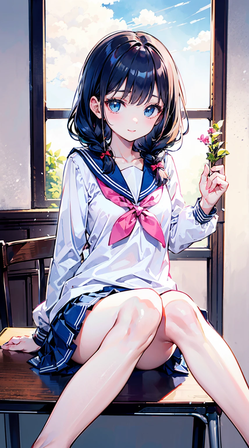 (Film portrait photography,Cinematic portrait,Beautiful two-dimensional wallpapers)(詳細な目, Natural skin texture, Details on the face)(Soft professional lighting,Private photos,35㎜ film, Hazy beauty)(15 year old cute loli sideways:1.6,Sexy collarbone:1.4,Wearing a sailor suit and jk skirt with visible underwear,Refined waist-hip ratio:1.6,White and long legs:1.3,Sexy plump body:1.5,ssmile,small red lips:1.4,Wearing a bow:1.4,Lovely feet:1.3,French bangs:1.4,Twist braids:1.6)(In a girly pink room:1.4,with blue sky and white clouds:1.5,Study desk,Sitting posture holding legs,The picture is very neat :1.5)
