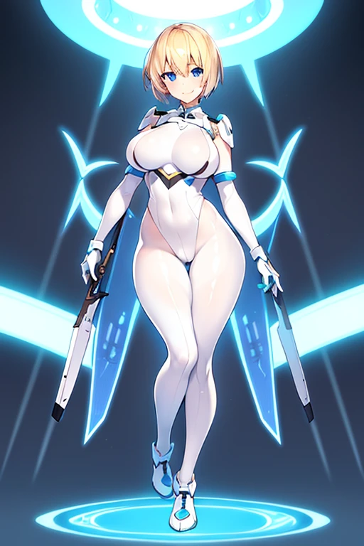 1girl, white skin, light skin, smile, light smile, blonde hair, pixie cut, very short hair, blue eyes, large breasts, breasts, wide hips, white bodysuit, white clothes, black pantyhose, bodysuit, sleeves, short sleeves, pantyhose, futuristic, science-fiction, neon trim, neon, full_body, ((full body)), standing, NSFW
