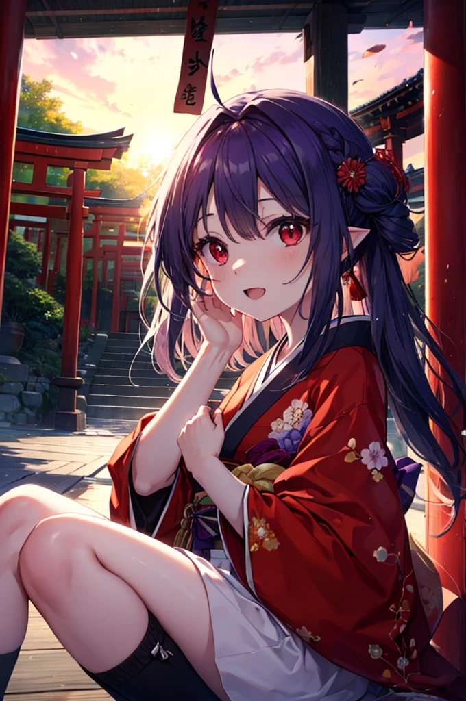 1 girl、alone , greenish black hair、ponytail、big cleavage、fox ears、red eyes、wear glasses、Dark purple kimono、red webbed、light purple long hakama、Cherry blossom pattern haori、Headphones around the neck、Cherry blossom pattern Japanese umbrella、sexy、charm、Wet、face turns red、far shot , full body 、within the territory